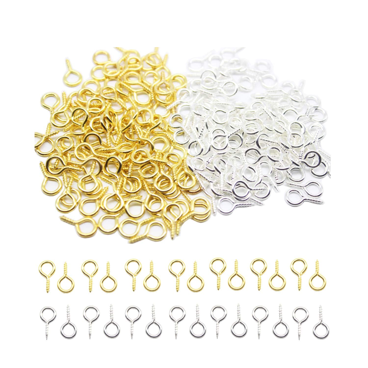 200 Pieces Mini Metal Screw Eye Pins Hooks Eyelets Screw Threaded for DIY Crafts, 6 x 13mm(Gold and Silver)