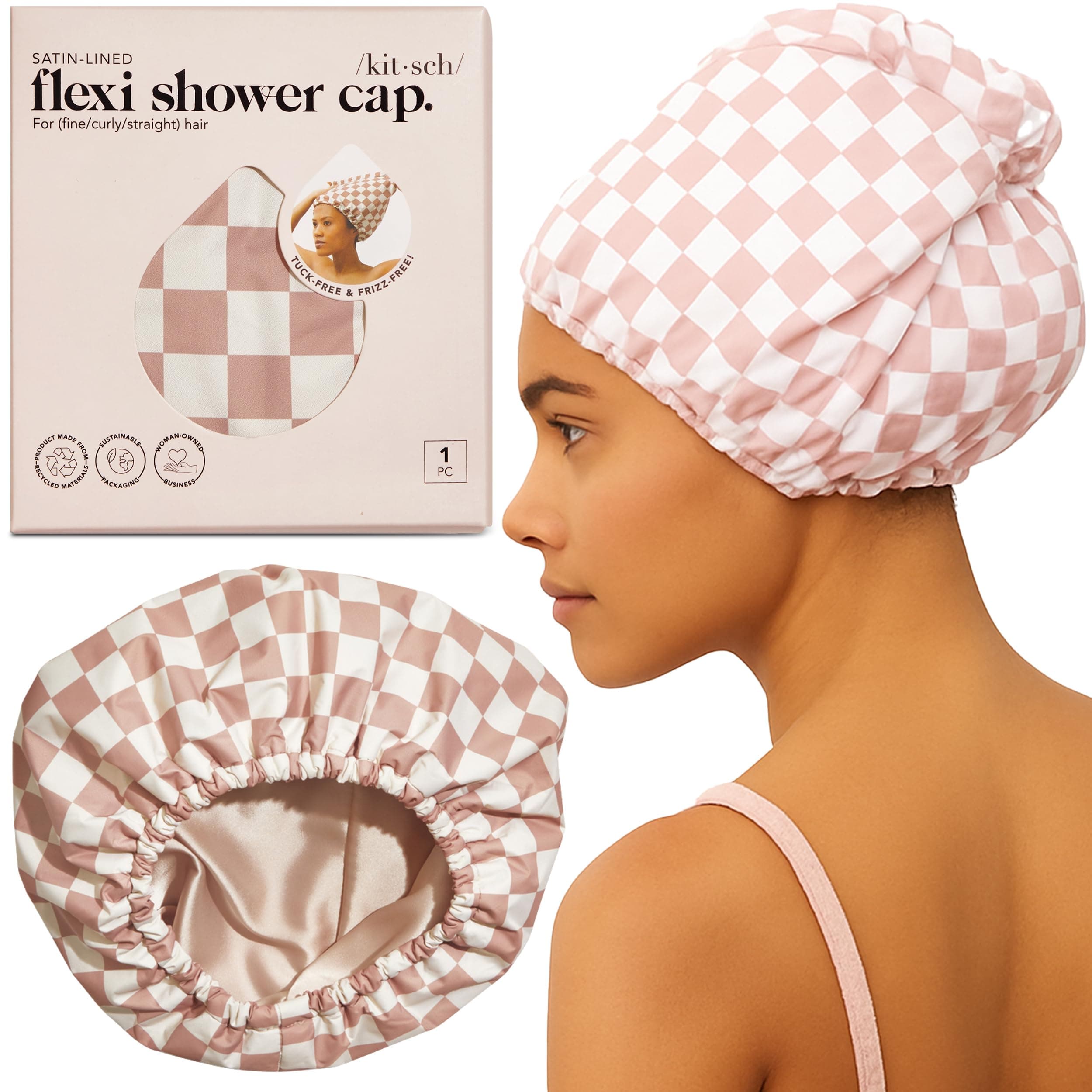 Luxury Shower Caps for Women Reusable Waterproof - Flexi Satin Lined, Large Wide Shower Cap for Women & Men, Adjustable, Stylish Hair Cap for Shower, For Long & Short Hair - Terracotta Checker