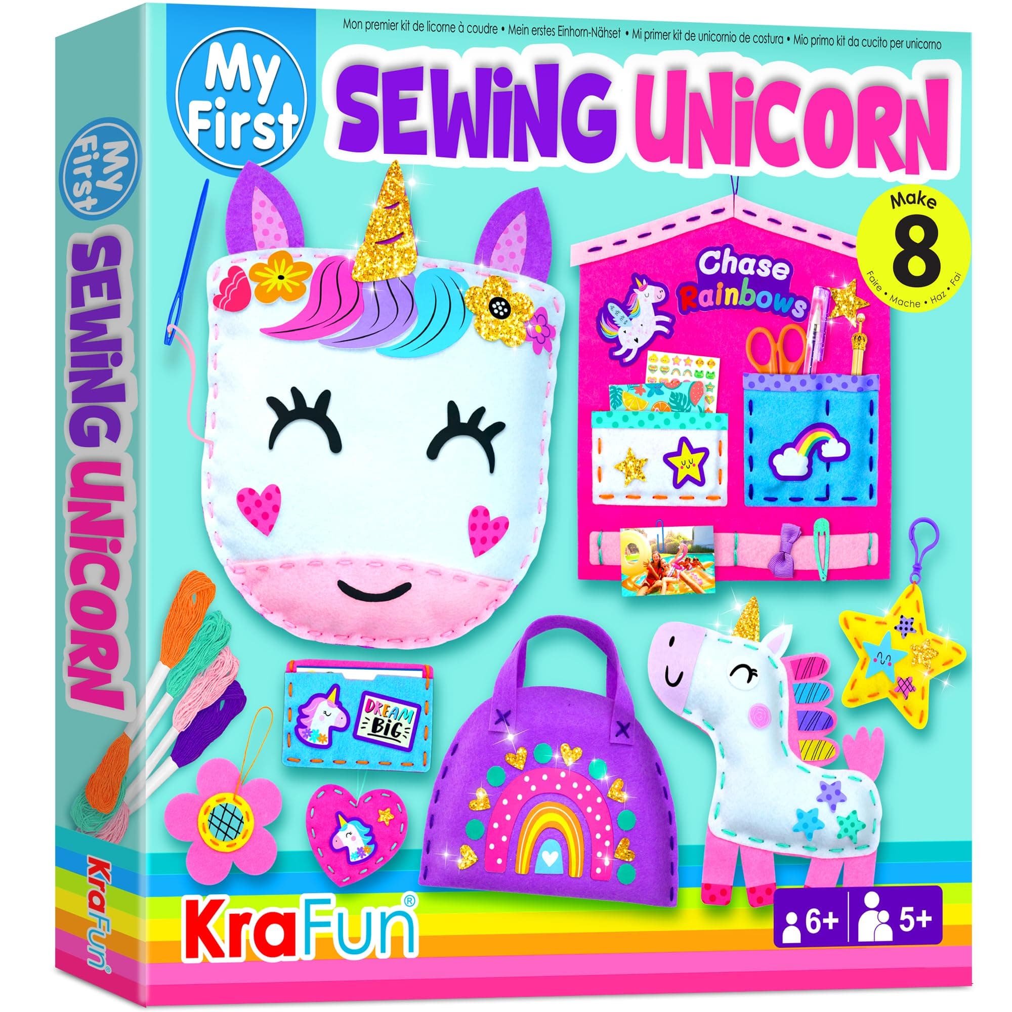 KRAFUN My First Unicorn Kids Sewing kit, Beginner Arts & Crafts, Make 8 Cute Projects with Plush Stuffed Animal, Pillow, Mobile, Keyring and Bag, Instructions & Felt for Learn Sewing, Embroidery