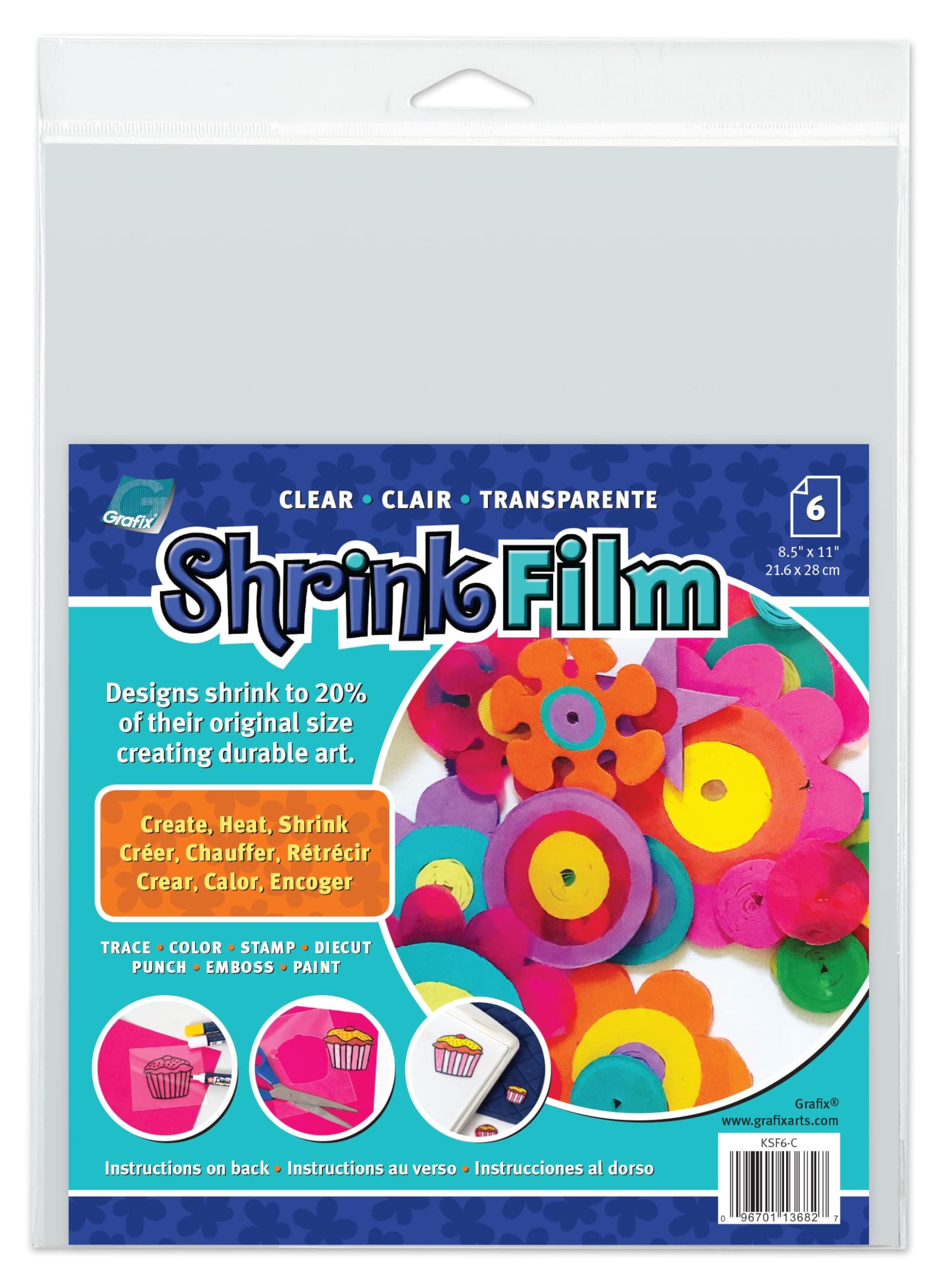 GrafixShrink Film - Clear Transparent 8.5"x11" Sheets, Design Your Art and Shrink It to Create Jewelry, Embellishments, Paper Crafts, Gift Tags, Ornaments and More, Pack of 6