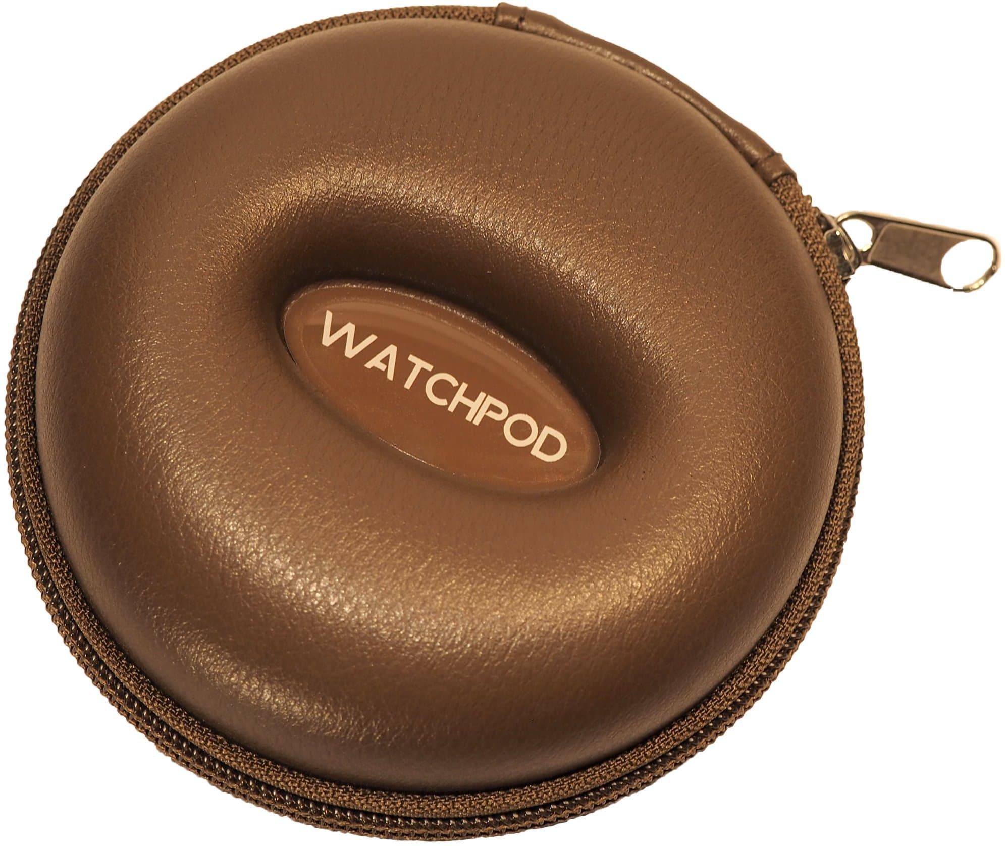 WATCHPODWATCHPOD Travel Watch Case, Single Watch Box w/Zipper for Storage, Cushioned Round and Portable, Fits all Wristwatches and Smart Watches up to 50mm, Leatherette (Brown)