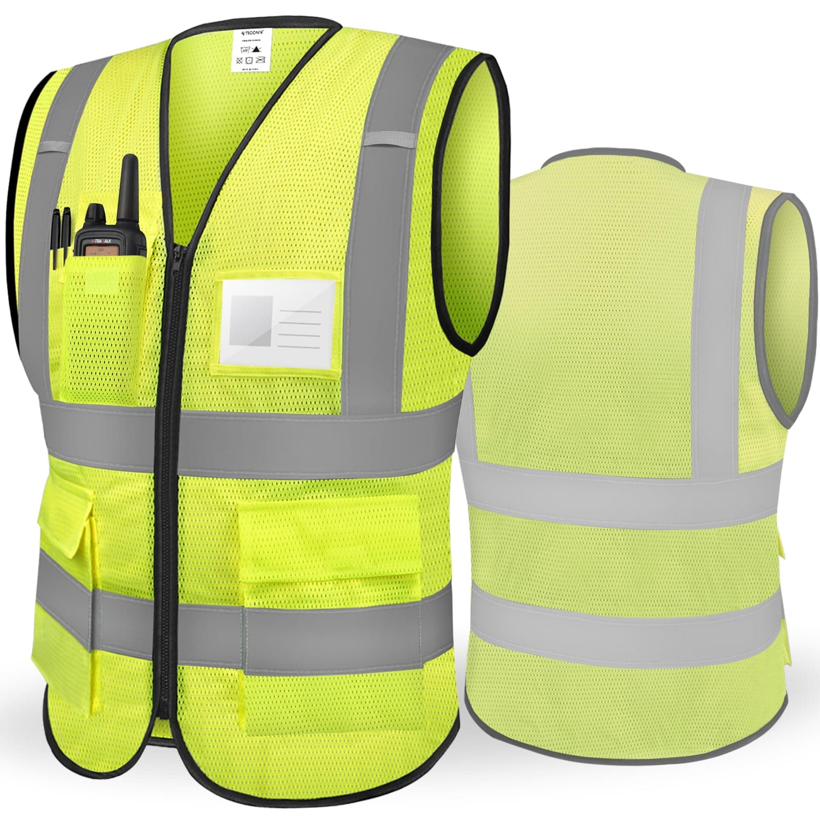 TICONN Reflective Safety Vest High Visibility Class II Mesh Vest for Women & Men Meets ANSI Standards, Yellow, Large