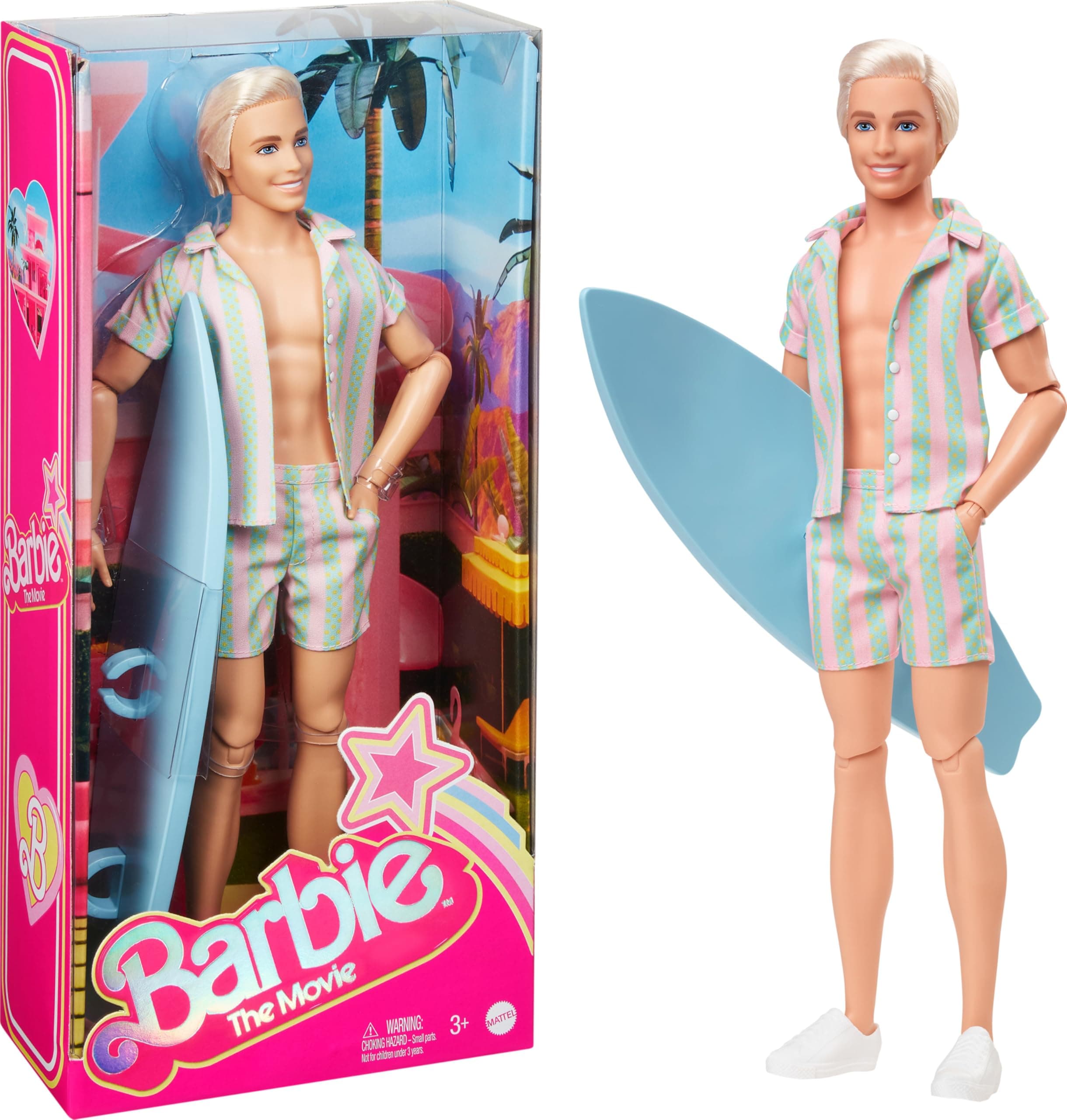 The Movie Ken Doll, Collectible Wearing Pastel Pink & Green Striped Beach Matching Set with Surfboard & White Sneakers