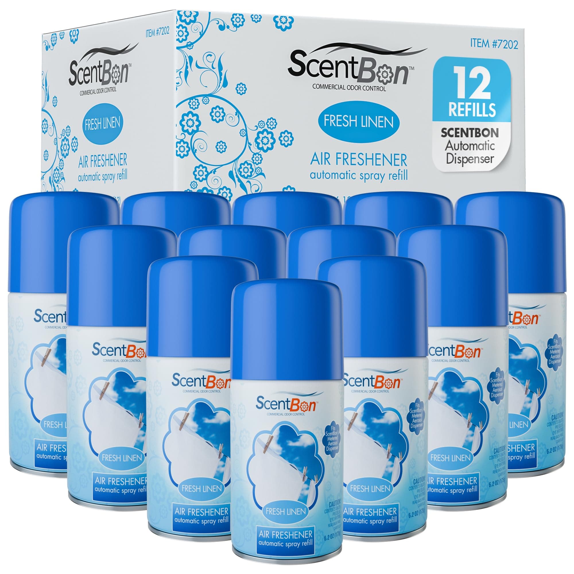 Air Freshener Refill Metered Aerosol Can, Cinnamon, Fresh Linen, Green Apple, Mango, Ocean, Vanilla, Pack of 12 (12, Blue - Fresh Linen Scent)