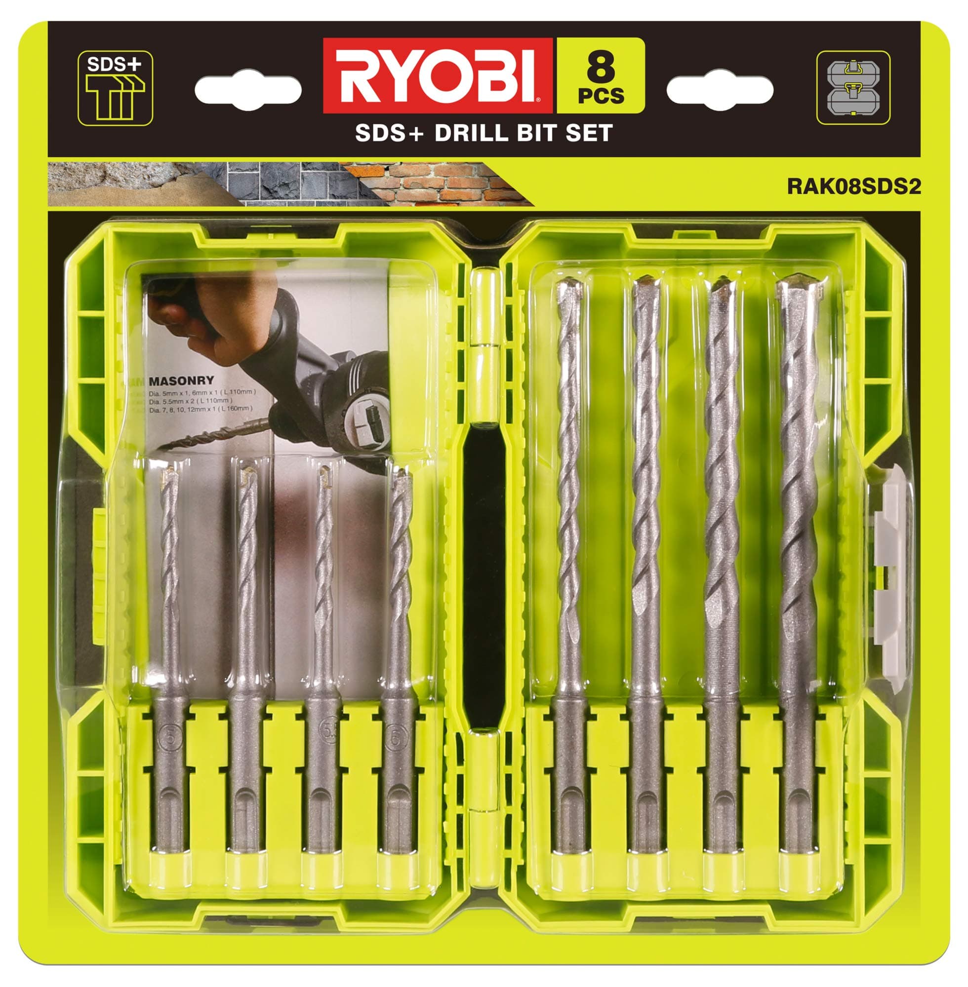 Ryobi RAK08SDS2 SDS+ Masonry Bit Set (8 Piece)
