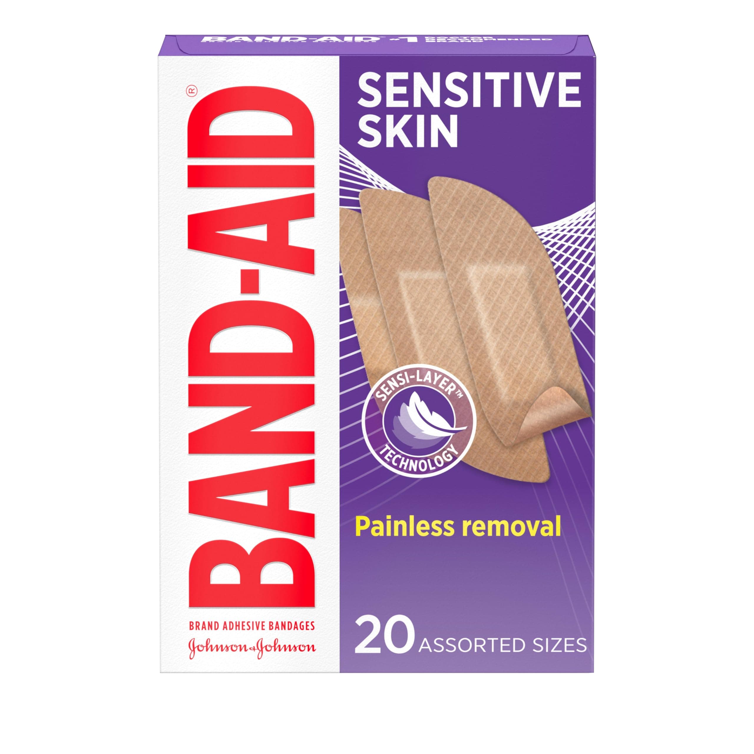 Brand Adhesive Bandages for Sensitive Skin, Hypoallergenic First Aid Bandages with Painless Removal, Stays on When Wet & Suitable for Eczema Prone Skin, Sterile, Assorted, 20 ct