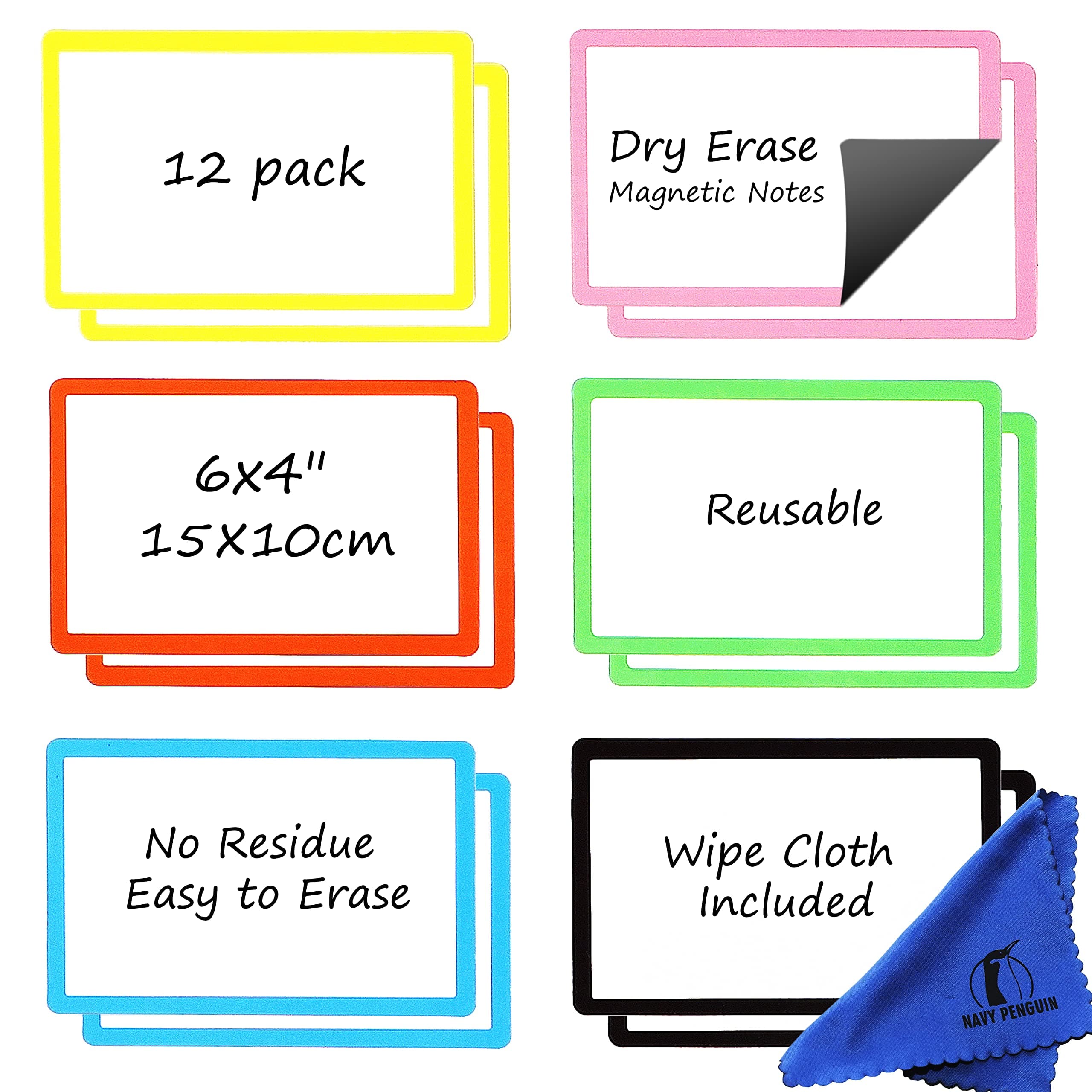 Navy PenguinDry Erase Magnets Set - 12 Pack - 6x4" Whiteboard Magnetic Planning Pads Labels - Small White Board Magnet Strips Name Tags for Home, Office and Classroom