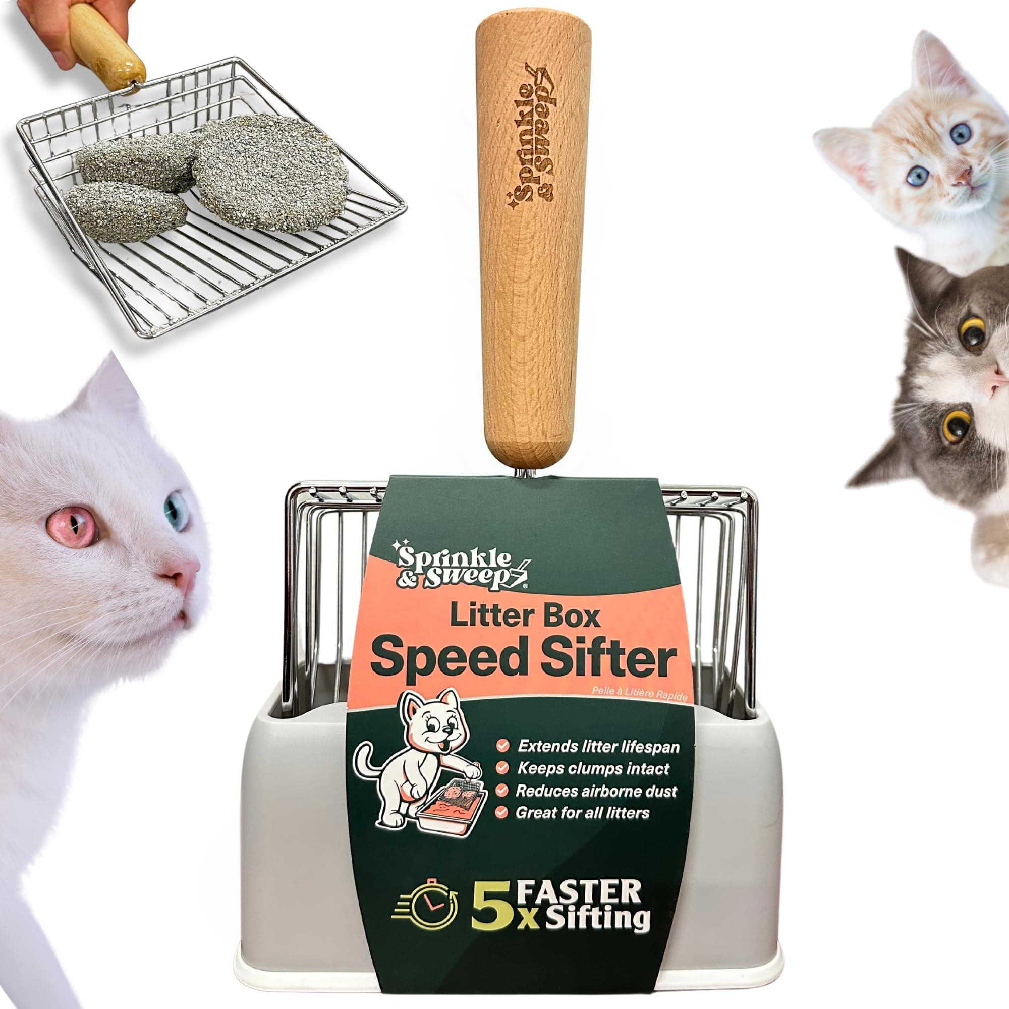 Sprinkle & Sweep Cat Litter Speed Sifter With Base, Premium Kitty Clump Scoop, Litter Box Cleaner, Quick Kitty Litter Sifter, Comfortable Beech Wood Grip, Washable Base Stand, Heavy Duty Cat Litter