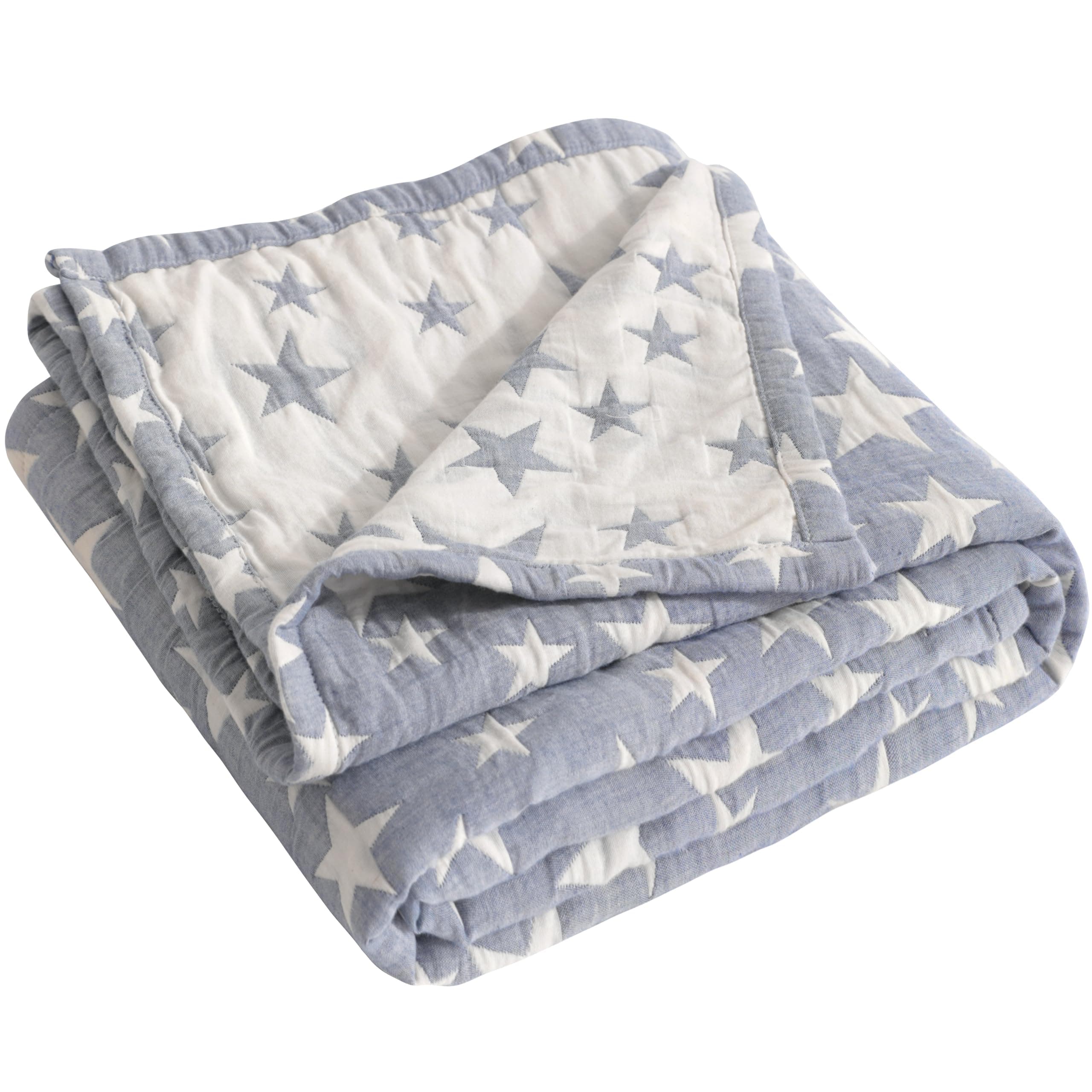 3 Layer Baby Muslin Cotton Toddler Blanket, 76x102 cm Jacquard Reversible Nursery Bed Blanket, Super Soft and Thermal Cot Bed Blanket for All Seasons, Baby Gift, 76x102 cm, Blue White Star