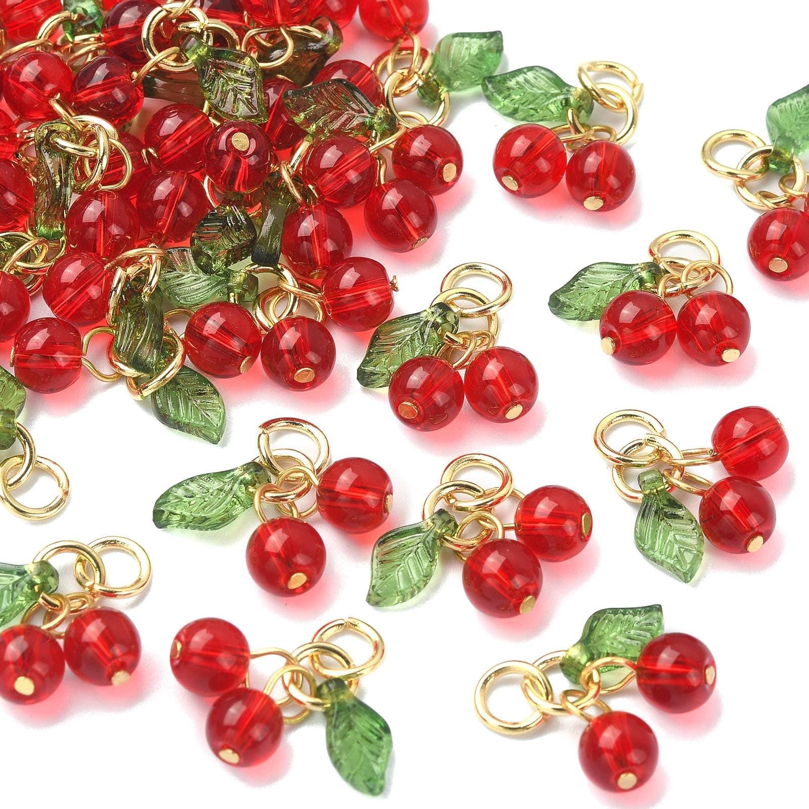 Ipotkitt 30 Pcs Red Cherry Charms Glass & Acrylic Beaded Charms Mini Cute Fruit Bead Charms for Earrings Bracelets Necklaces Jewelry Making DIY Crafts