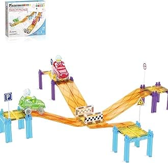 Magnetic Race Track Car Slide Magnet Building Blocks Tiles Sensory Toys for Kids Toddlers Include Trucks Character Action Figures STEM Learning Kit Races School Age 3+ year Old Boys Girls