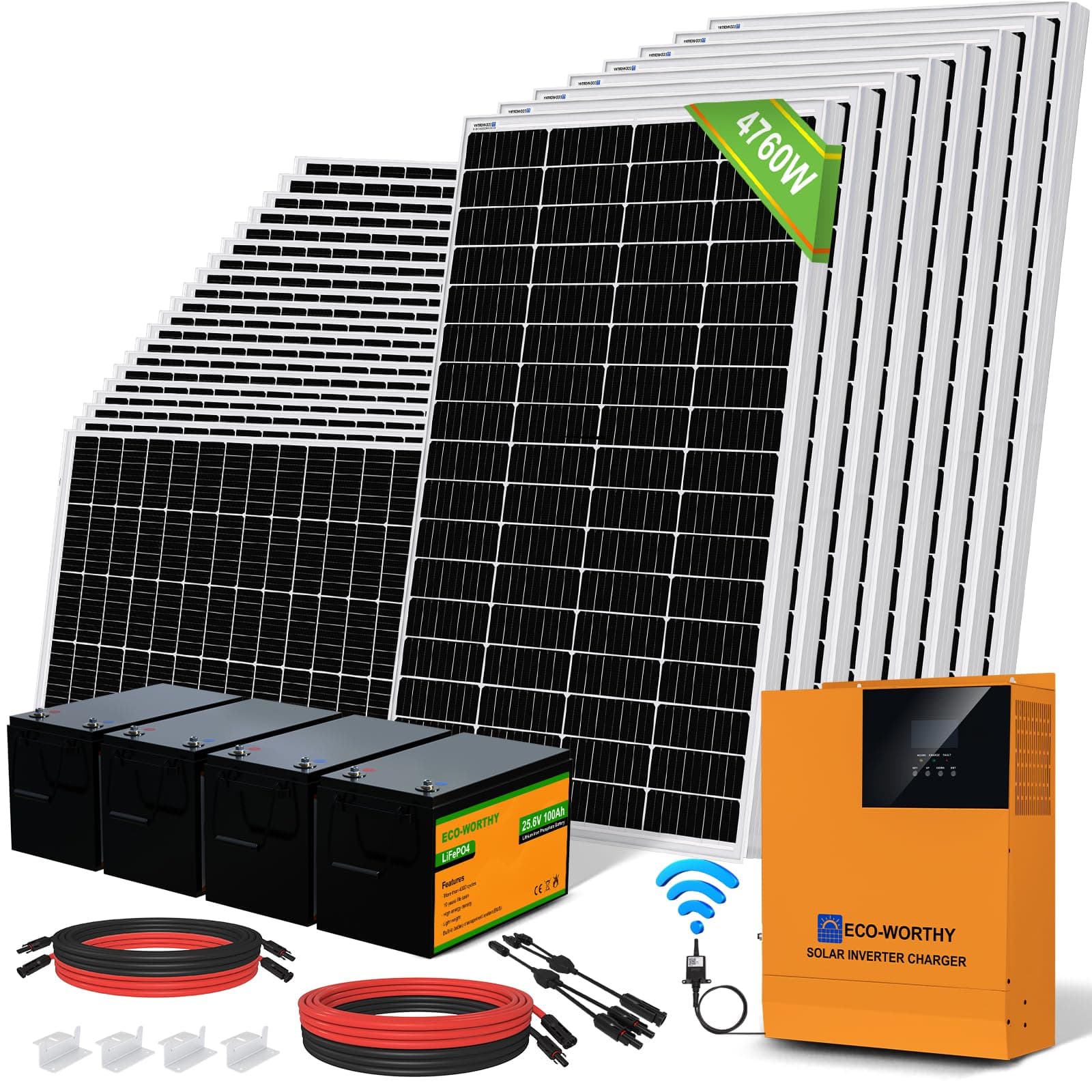 ECO-WORTHY 4760W 48V Solar Power System 19kWh/Day Off Grid Solar Panel Kit for Home Roof:28pcs Solar Panel + 1pc 5000W Hybrid Inverter + 4pcs 24V 100AH Lithium Battery + Brackets + Extension Cables [Energy Class A]