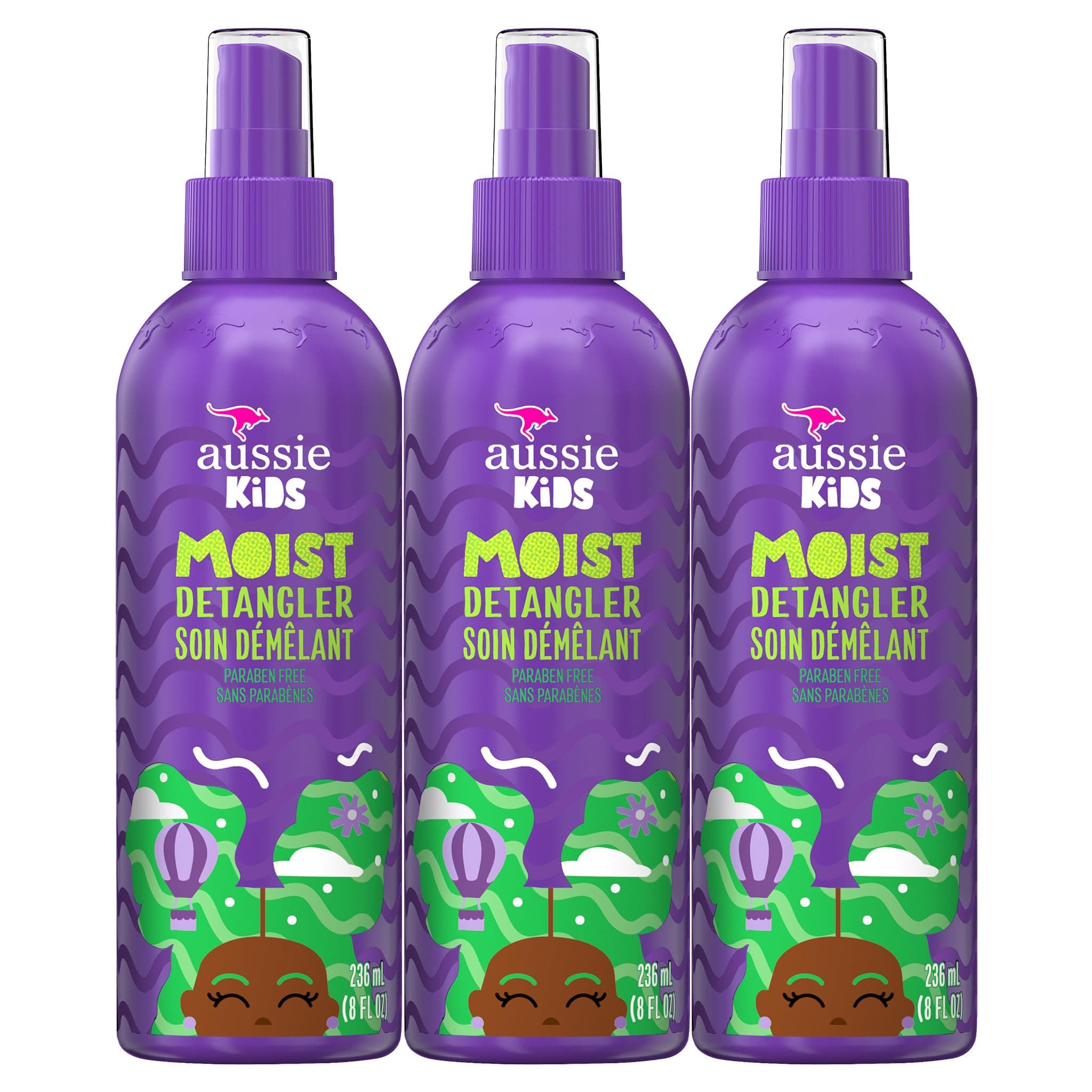 Aussie Kids Moist Detangler Spray, Sulfate & Paraben Free, Moisturizing & Tangle-Free Hair Care for Kids, Cruelty-Free, 8 Fl Oz Each, 3 Pack