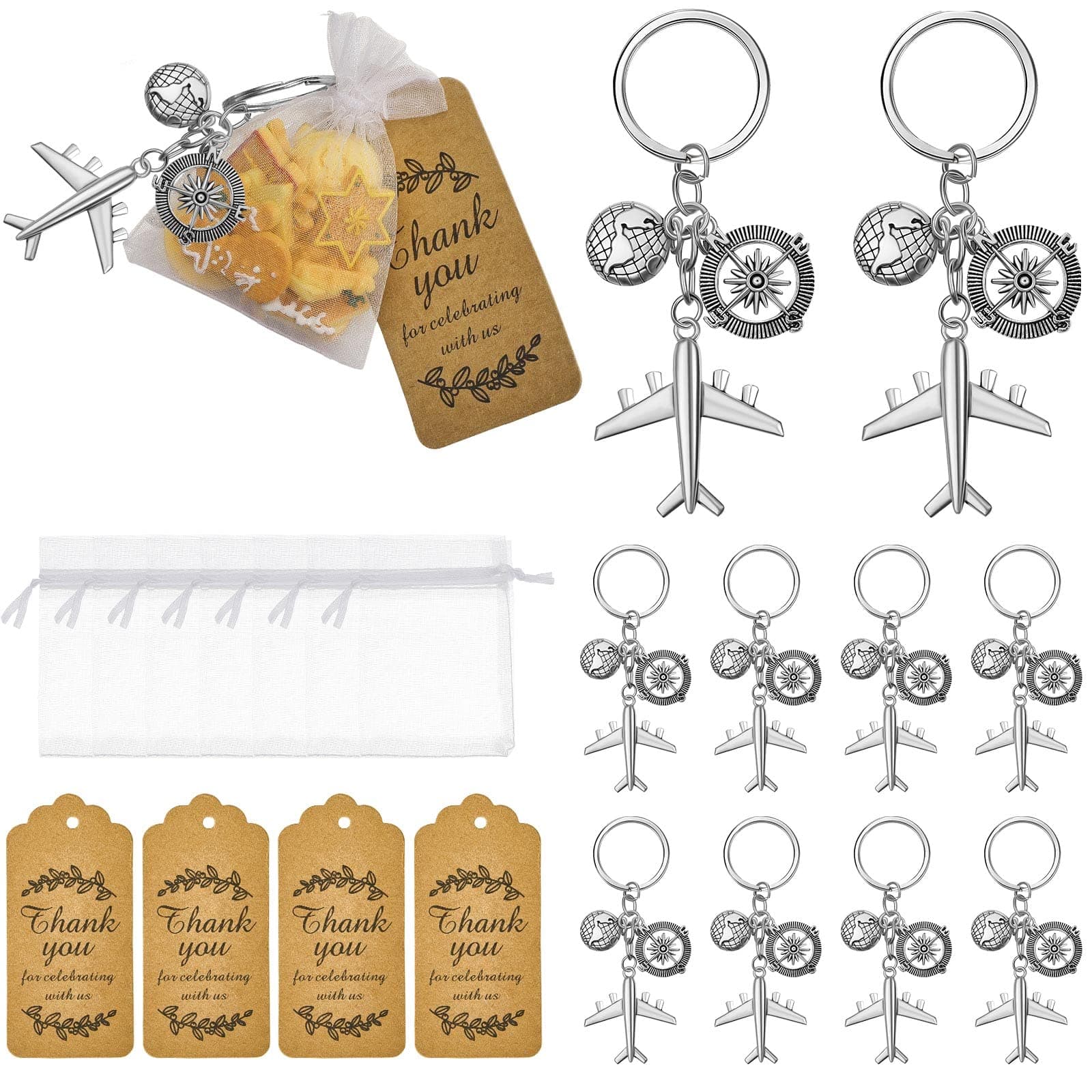 Airplane Keychain Party Favor Christmas Party Favor Including Airplane Compass Keychain with Thank You Tags, Organza Supplies Bag