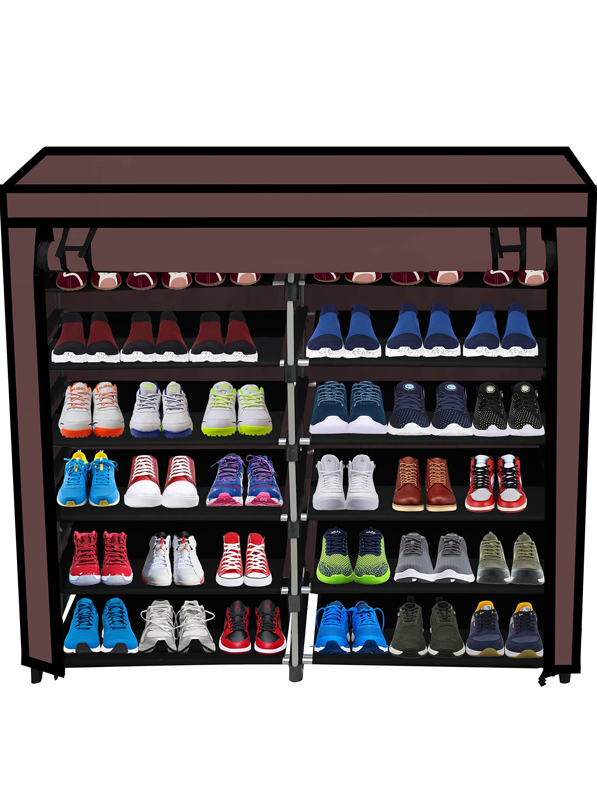 ROBMOB Multipurpose Wardrobe 12 Layer Metal Shoe Rack For Home Improvement Furniture & Adjustable Wardrobe| Shoe Storage Stand With Non Woven Cover For Home & Office| Browm