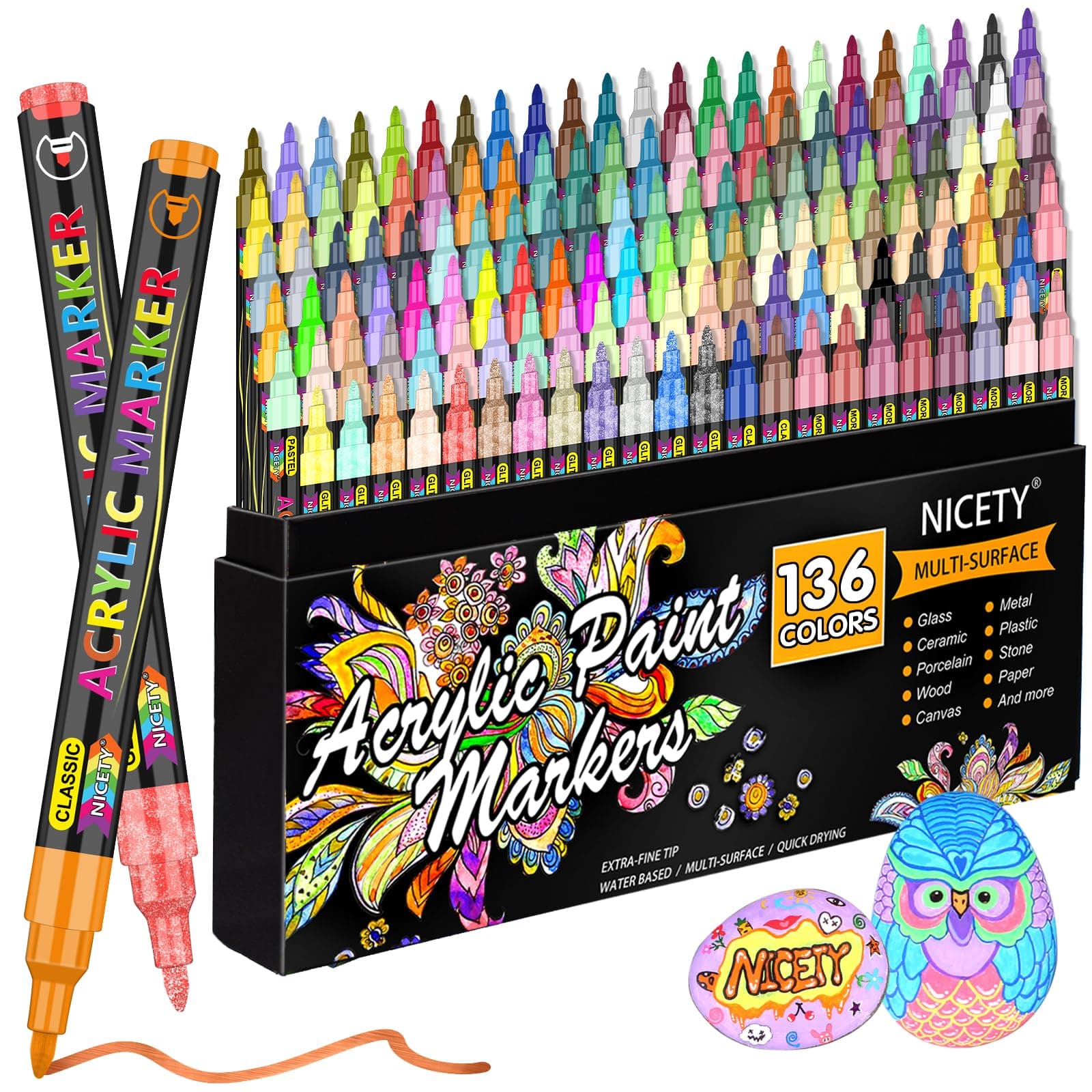 NICETY 136 Colours Acrylic Paint Pens Set - Paint Markers for Rock Painting Stone Glass Ceramic Wood Metal Fabric - 0.7mm Extra Fine Tip Water Based Acrylic Markers