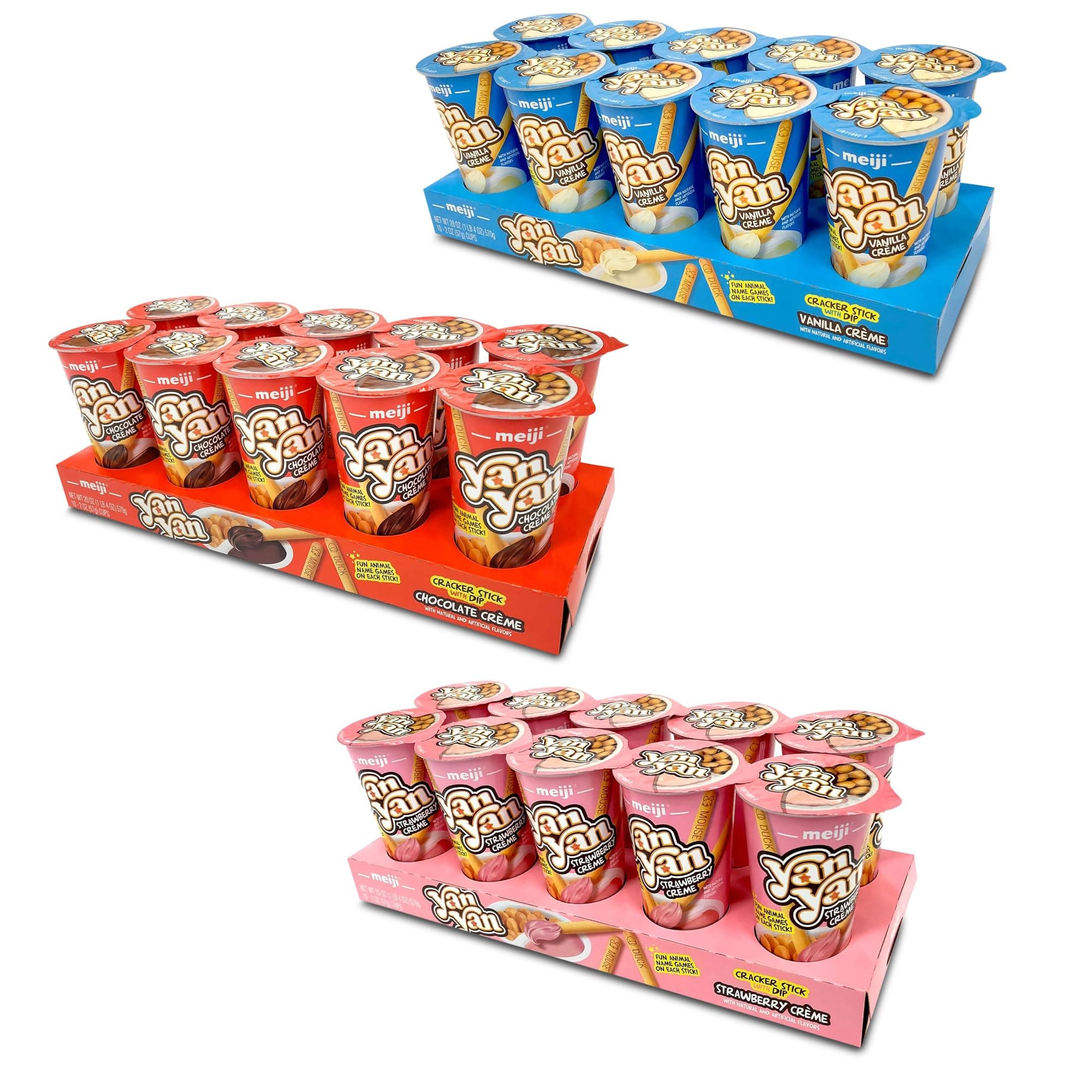 Yan Yan Dipping Sticks Bundle - Chocolate, Strawberry and Vanilla Crème - 2 oz, Pack of 10 - Cracker Sticks with Fun Animals Phrases