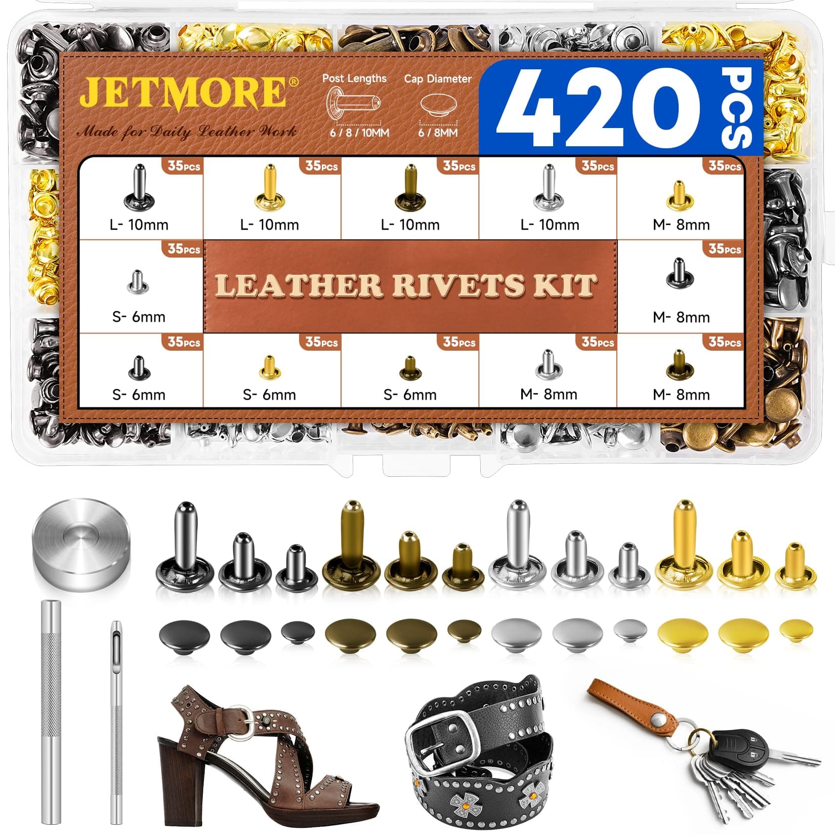 420 Sets Leather Rivets, Rivets for Leather Crafting, 4 Colors and 3 Sizes Leather Rivet Kit with 3pcs Leather Tools, Rivets for Fabric, Remaches para Cuero, Double Cap Brass Rivets for Decoration
