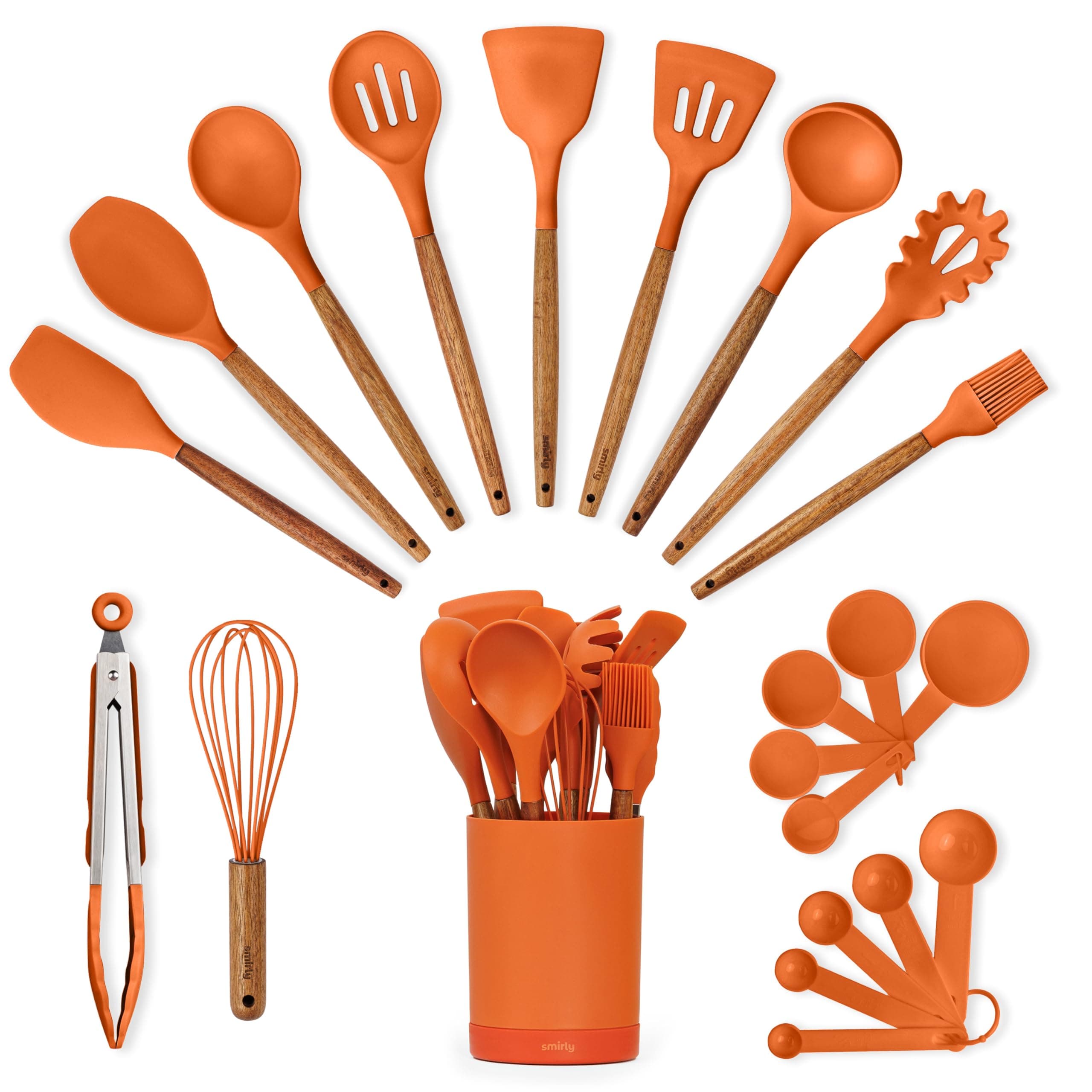 Silicone Kitchen Utensils Set & Holder: Cooking Utensils Set - Kitchen Essentials for New Home & 1st Apartment- Silicone Spatula Set, Cooking Spoons for Nonstick Cookware (Acacia Wood, Oange)