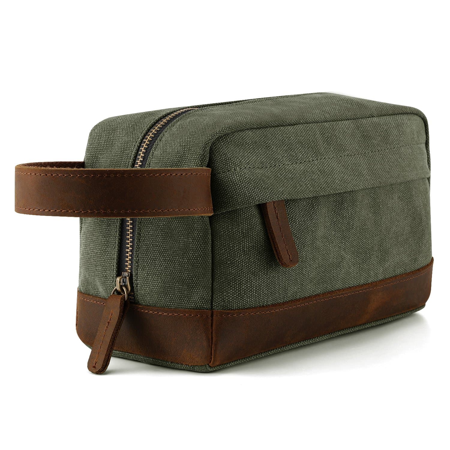 Plambag Travel Toiletry Organizer Bag for Men, Canvas Leather Shaving Dopp Kit（Army Green）
