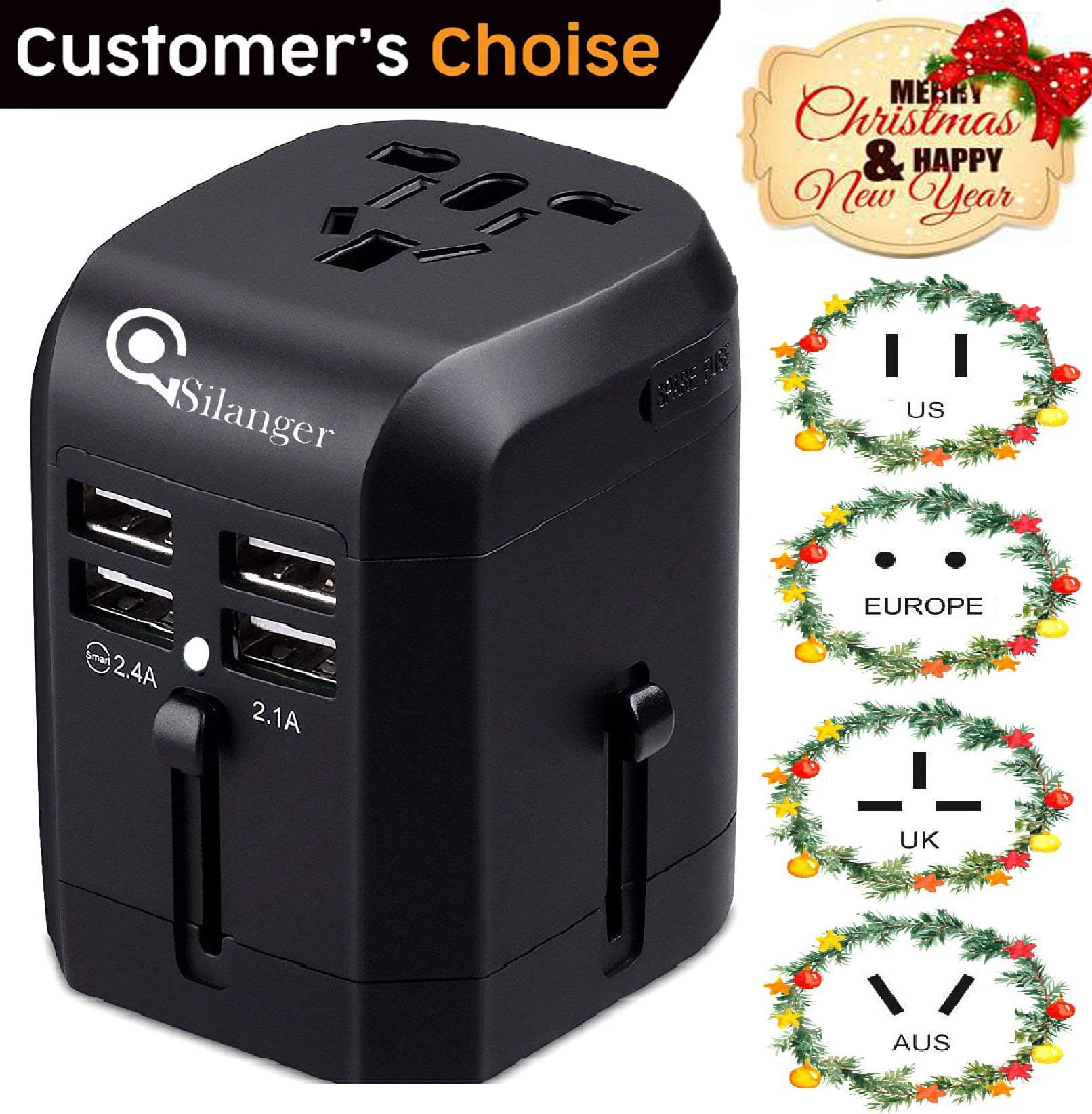 Universal USB Travel Power Adapter-Silanger All in One Wall Charger AC Power Plug Adapter for USA EU UK AUS Cell Phone Laptop Including Quad 3.5A Smart Power USB Charging Port (4X USB) (Premium)