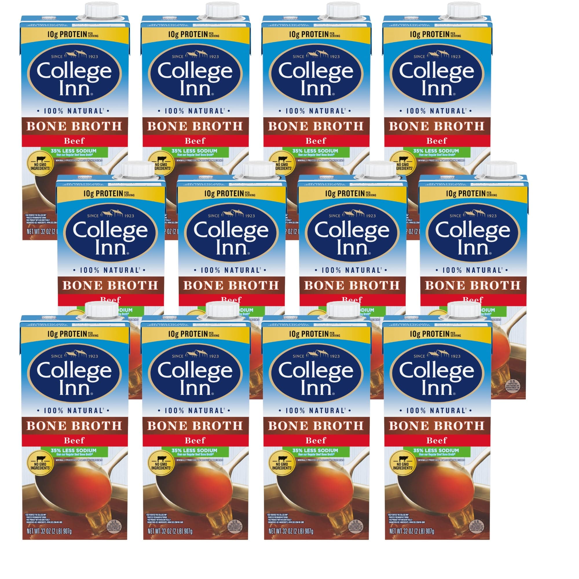 COLLEGE INN Reduced Sodium Beef Bone Broth - Pack of 12 - 32oz Carton, Clear