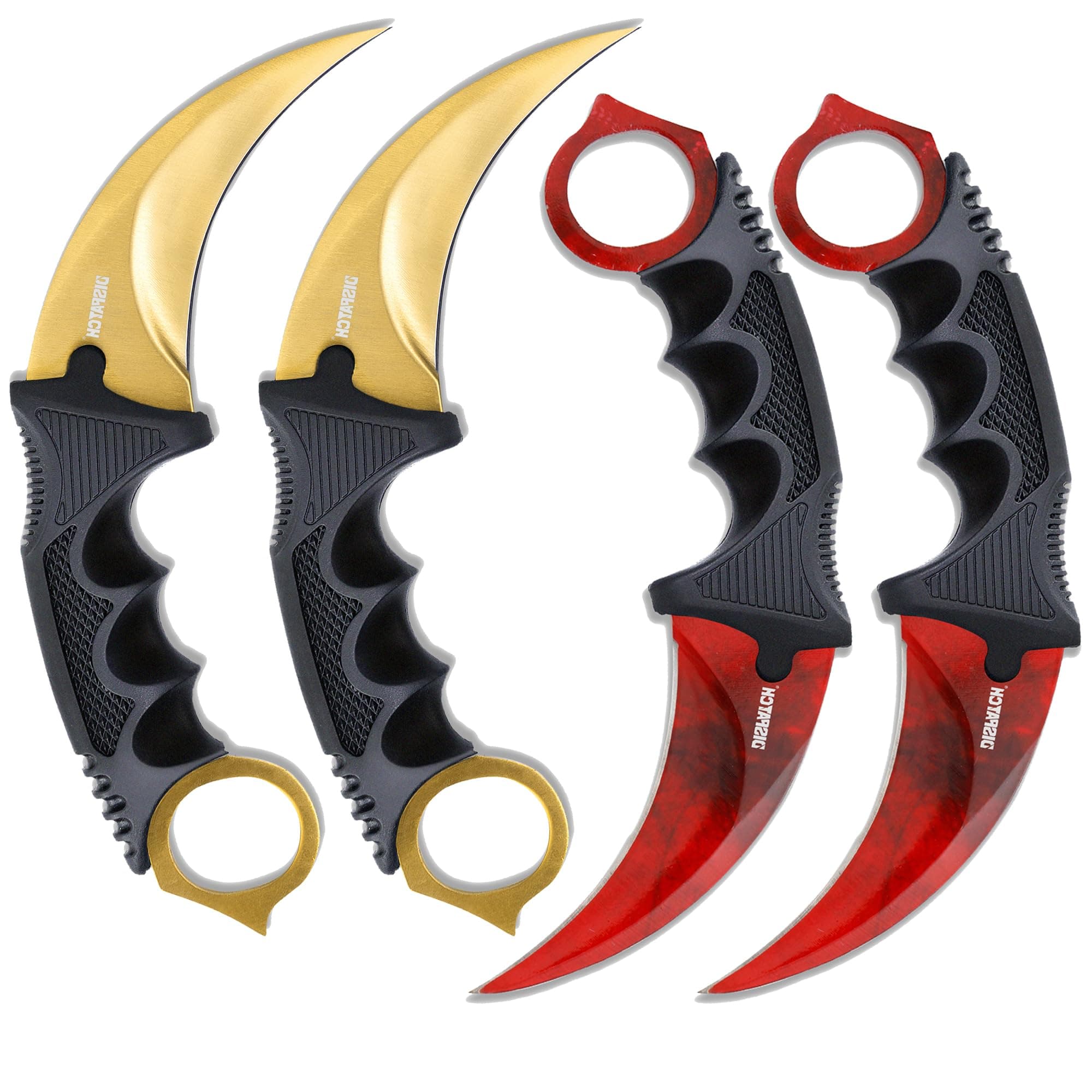 DISPATCH 4-Pack Karambit Knife Fixed Blade Knives Set with Sheath, 7.5" Full Tang Tactical Dagger – Red & Yellow 3Cr13 Stainless Steel Blades, ABS Handle with Finger Ring, Outdoor Hunting, Camping & EDC