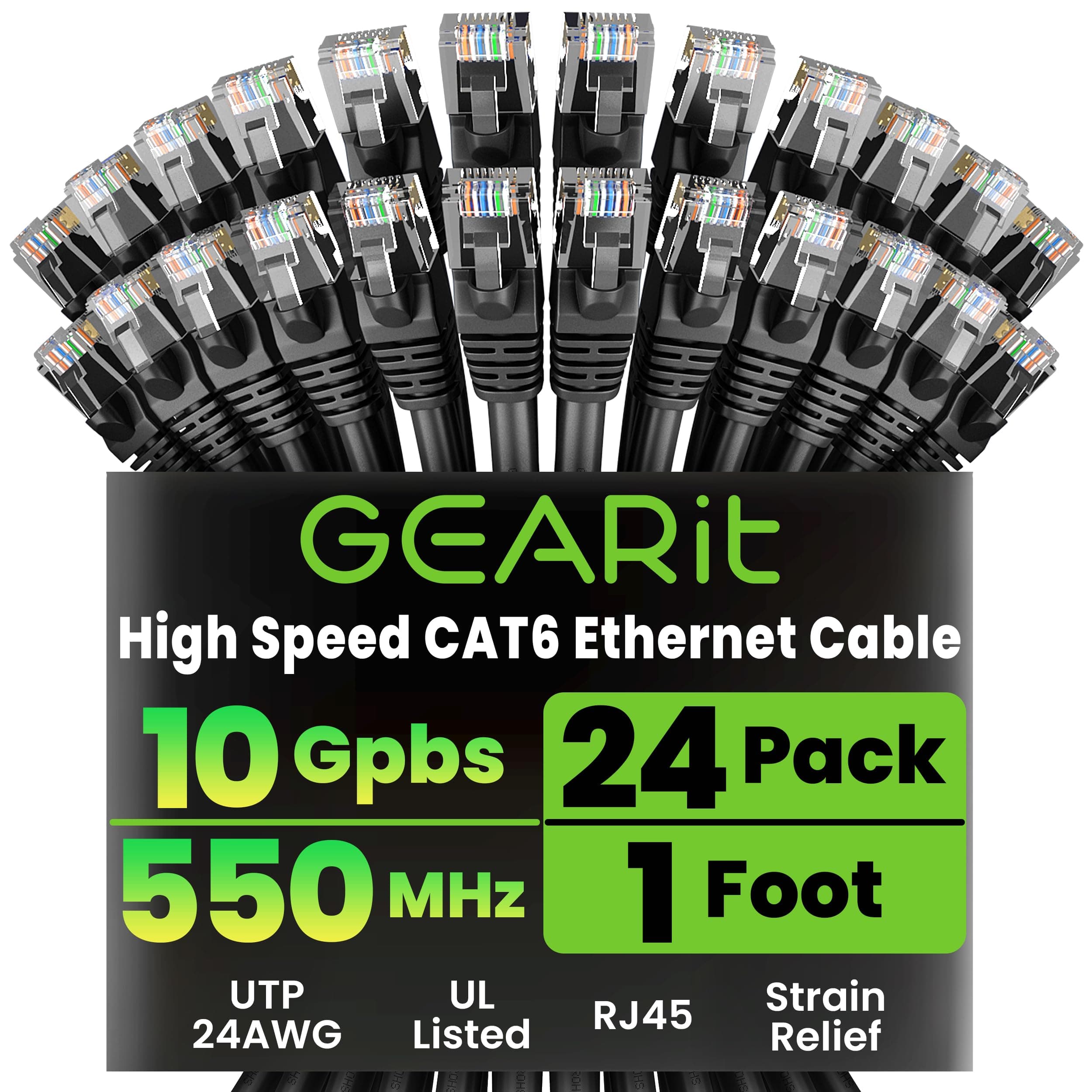 Cat 6 Ethernet Cable Pack - Cat6 Ethernet Patch Cables | RJ45 Network Patch Cable, 10 Gbps Snagless Gold-Plated Connectors - Ethernet Cable Cat 6 for PC, TV, Router - Black, 1 Feet (24-Pack)