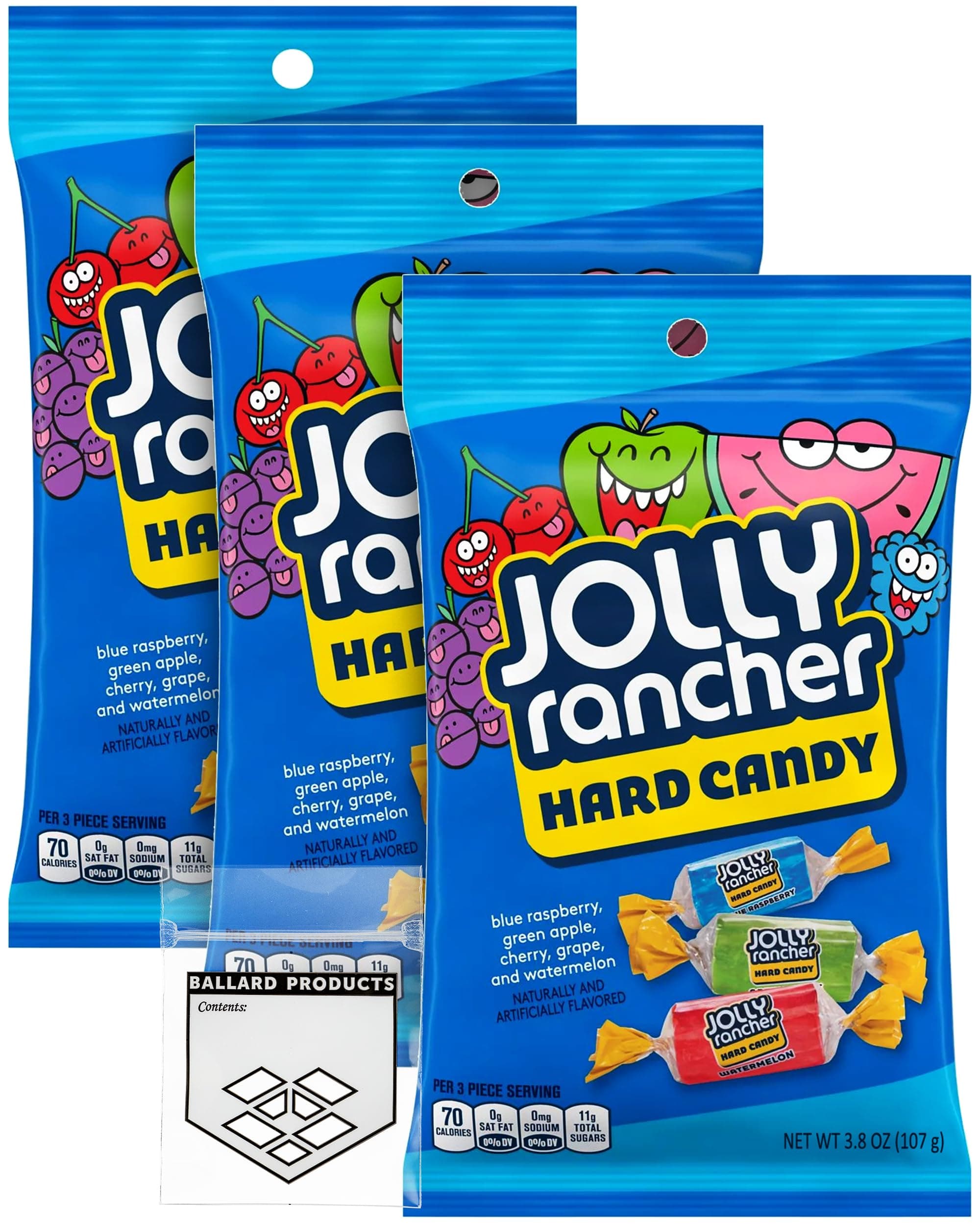Jolly Ranchers Hard Candy Bulk Pack of 3 Bags (3.8oz) - Bulk Hard Candy Variety Pack of 5 Flavors - Blue Raspberry, Green Apple, Cherry, Grape, Watermelon - Bundle with Ballard Products Pocket Bag