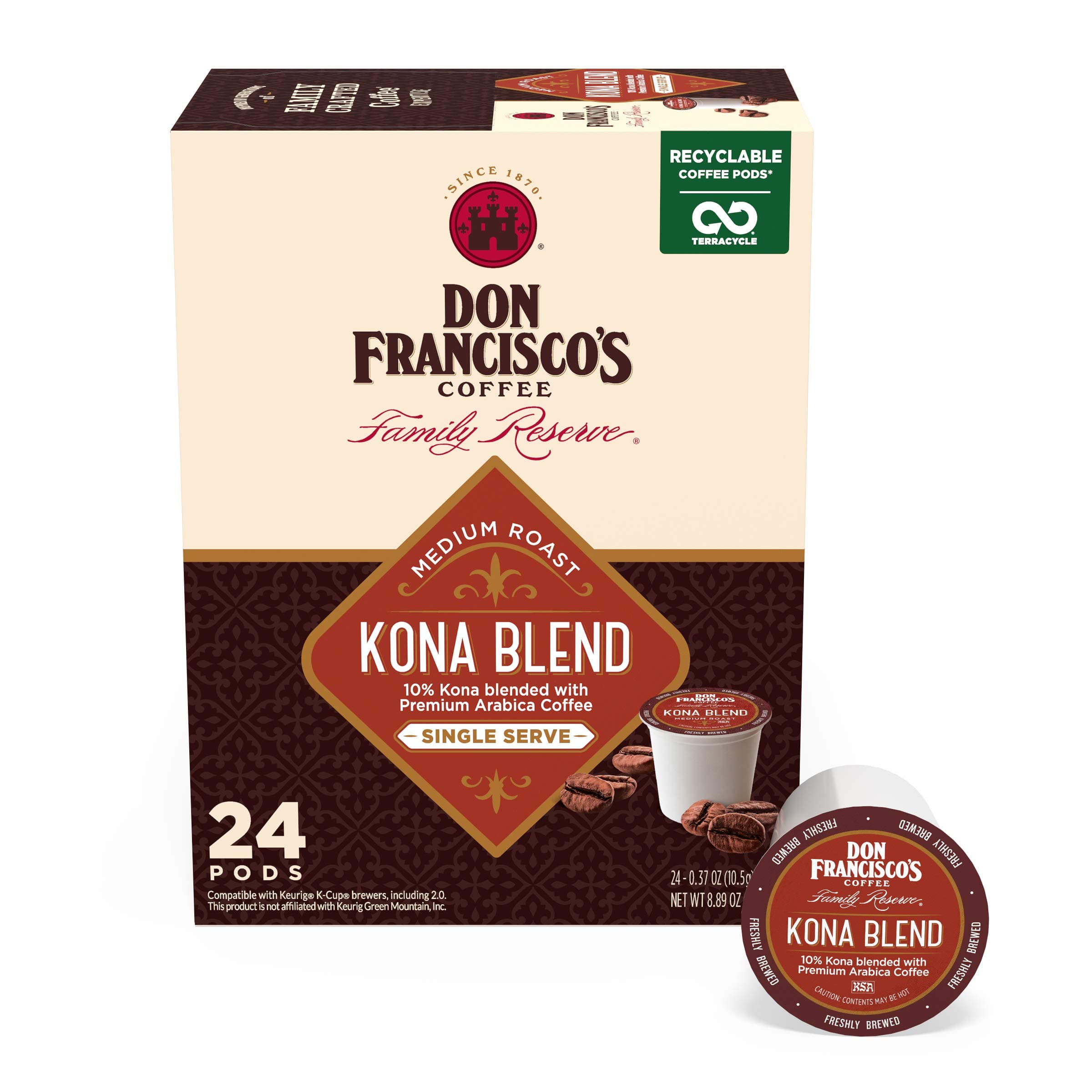 Kona Blend Coffee Pods, 24 Count, Medium Roast, Compatible with Keurig Brewers
