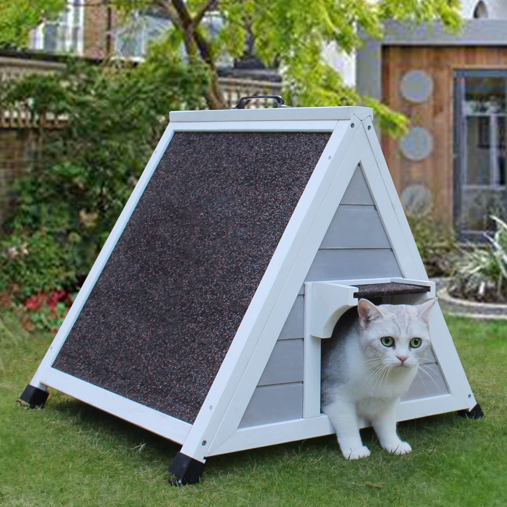 Deblue Weatherproof Feral Cat House for Outdoor, Outside Cat Shelter with Escape Door, Wooden Pet House and Habitats for Small Pet-Grey