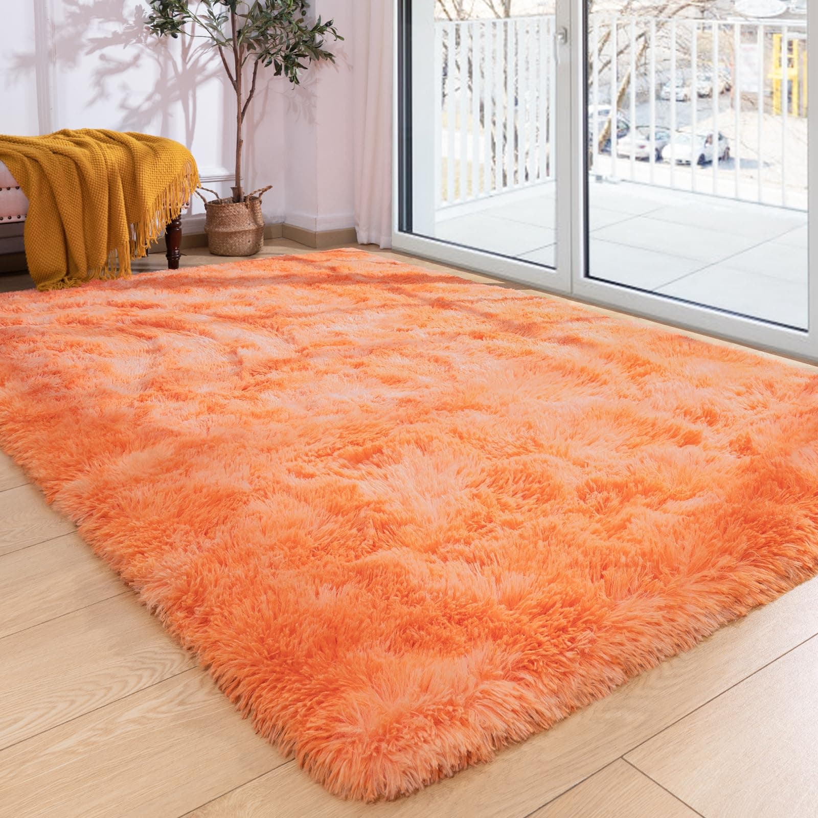 Softlife Area Rug for Living Room, 6x9 Feet Plush Fluffy Rug for Bedroom, Tie-Dyed Orange Furry Shag Rug for Aesthetic Room Decor, Soft Modern Fuzzy Faux Fur Carpet for Kids Nursery Dorm