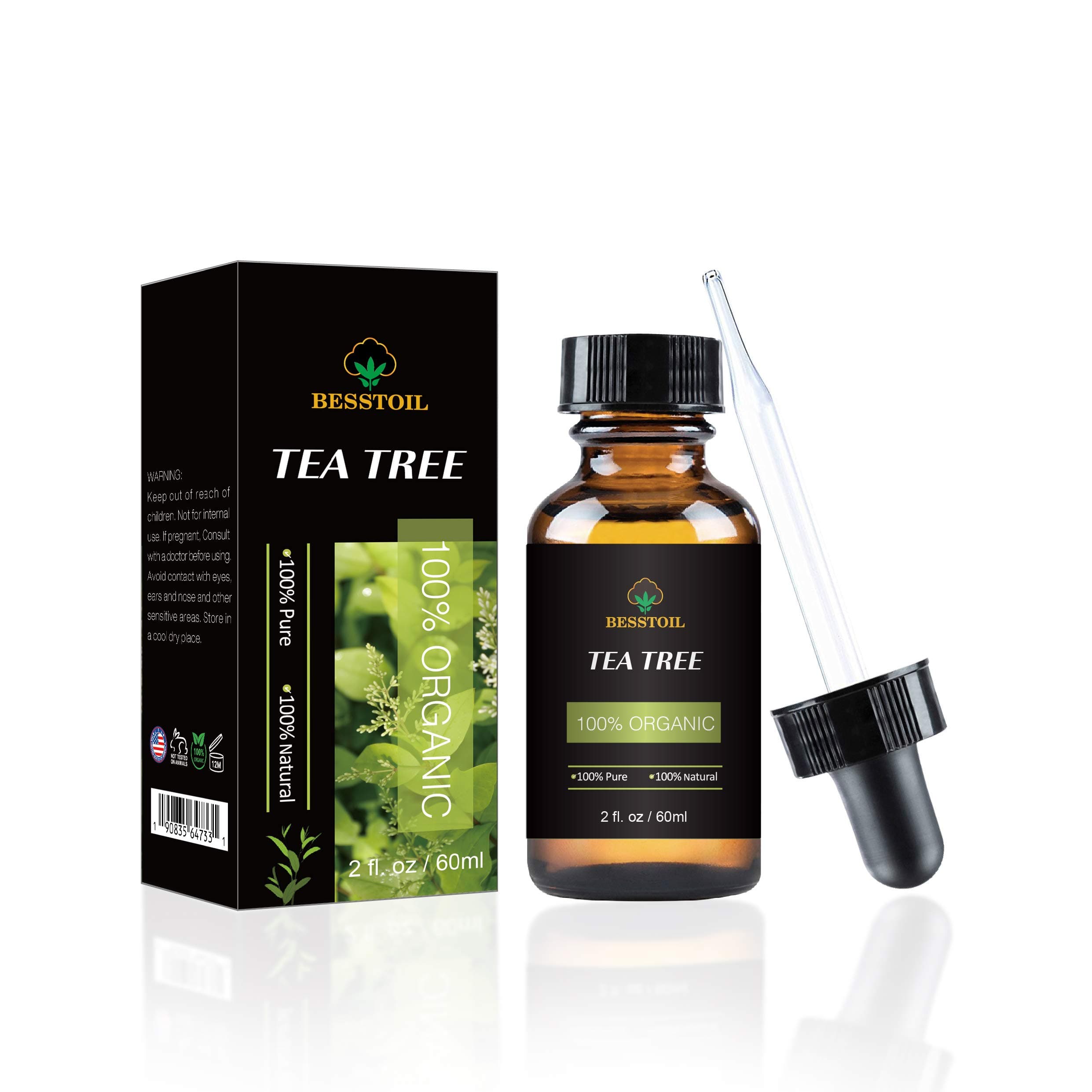 Tea Tree Essential Oil 100% Organic Pure and Undiluted, Face Nails Hair and Diffuser, Treatment for Acne (60 ml)