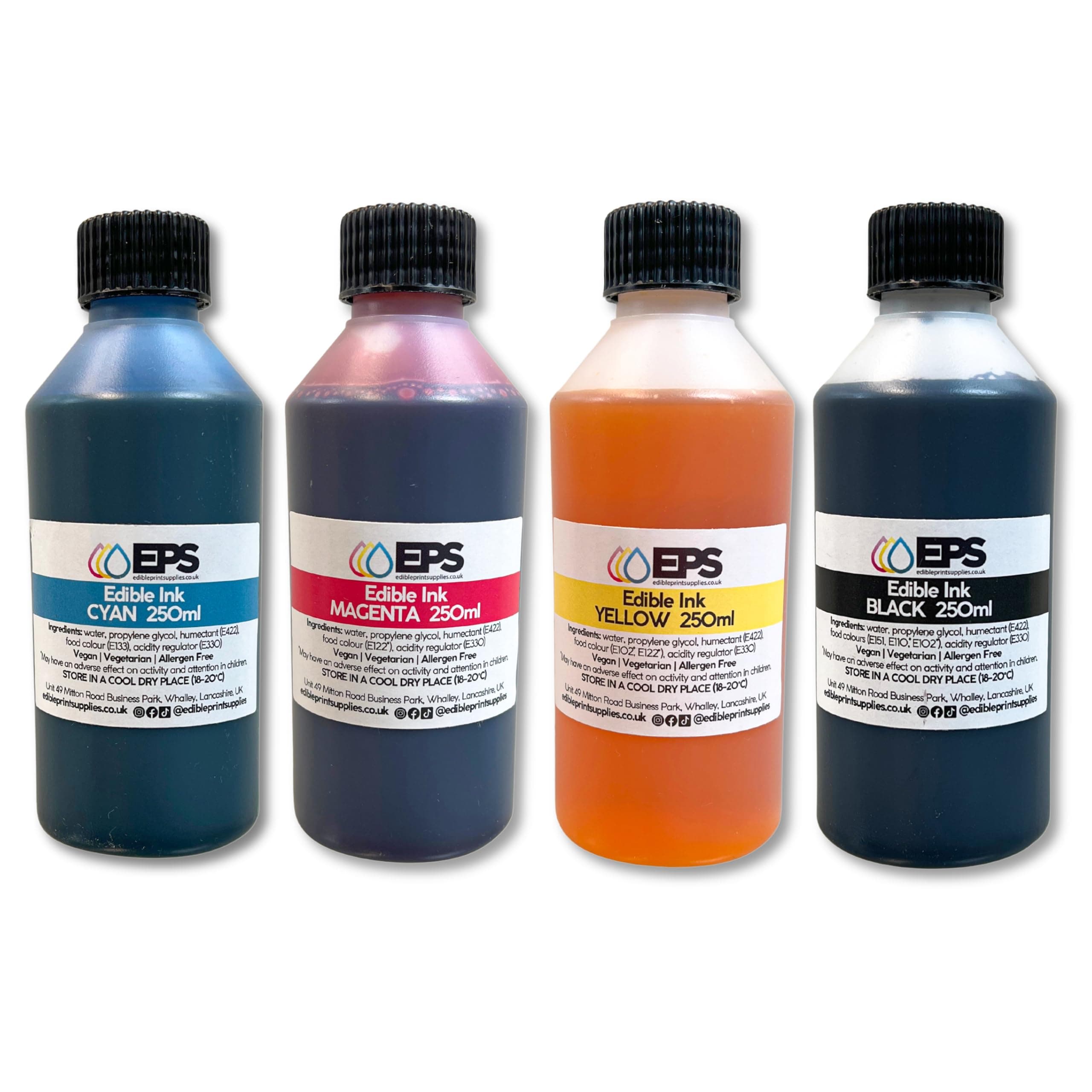 Edible Ink for Edible Printer - Bottled Refills (4 x 250ml) - Full Set of Bottled Edible Inks in Black, Cyan, Magenta and Yellow for CMYK Inkjet Edible Printers - For Canon & Epson Edible Printer