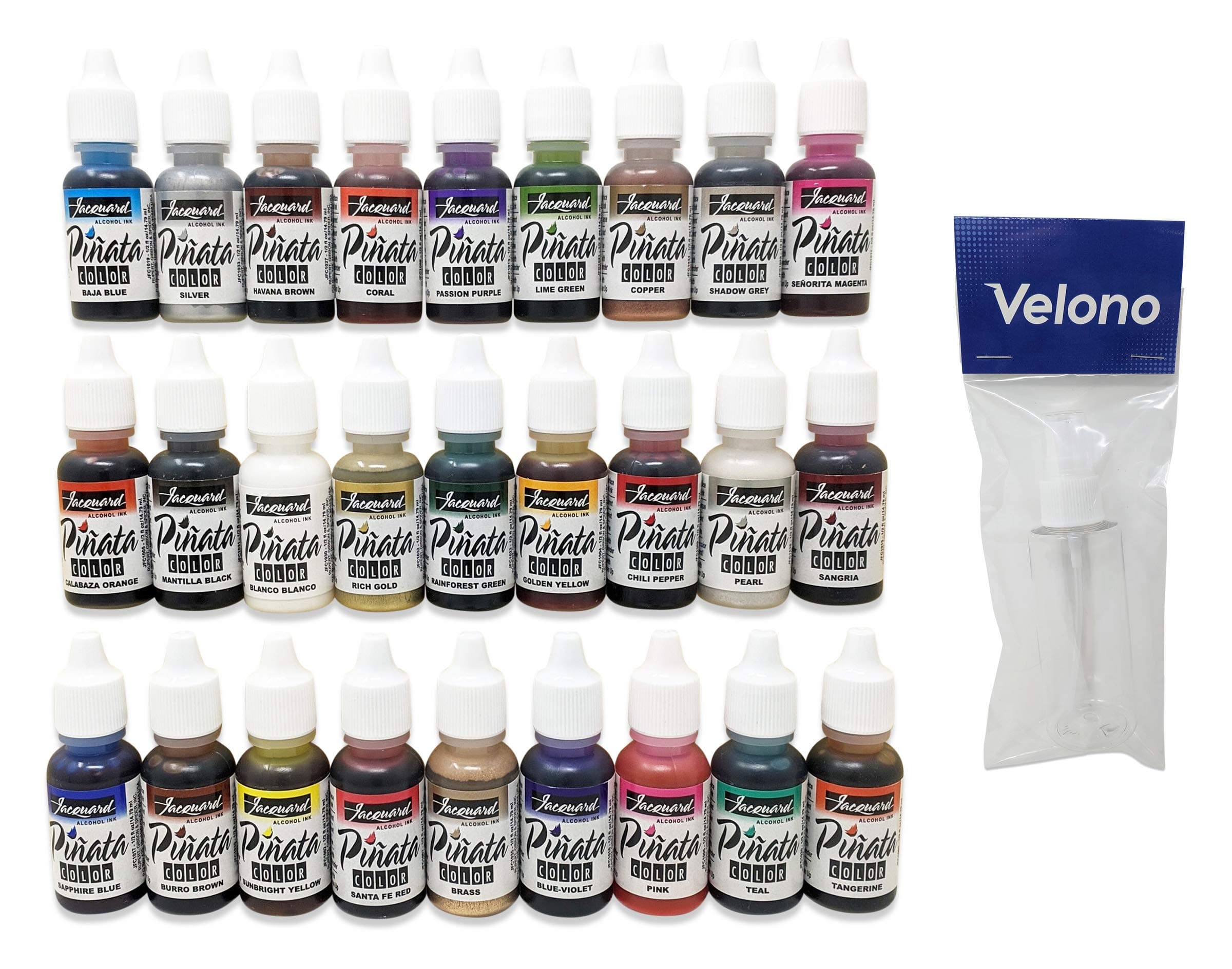 Jacquard Pinata Color Alcohol Ink 28-Piece Bundle, 27x Jacquard 0.5oz Alcohol Ink Colors, 1x Velono Clear 2oz Spray Bottle