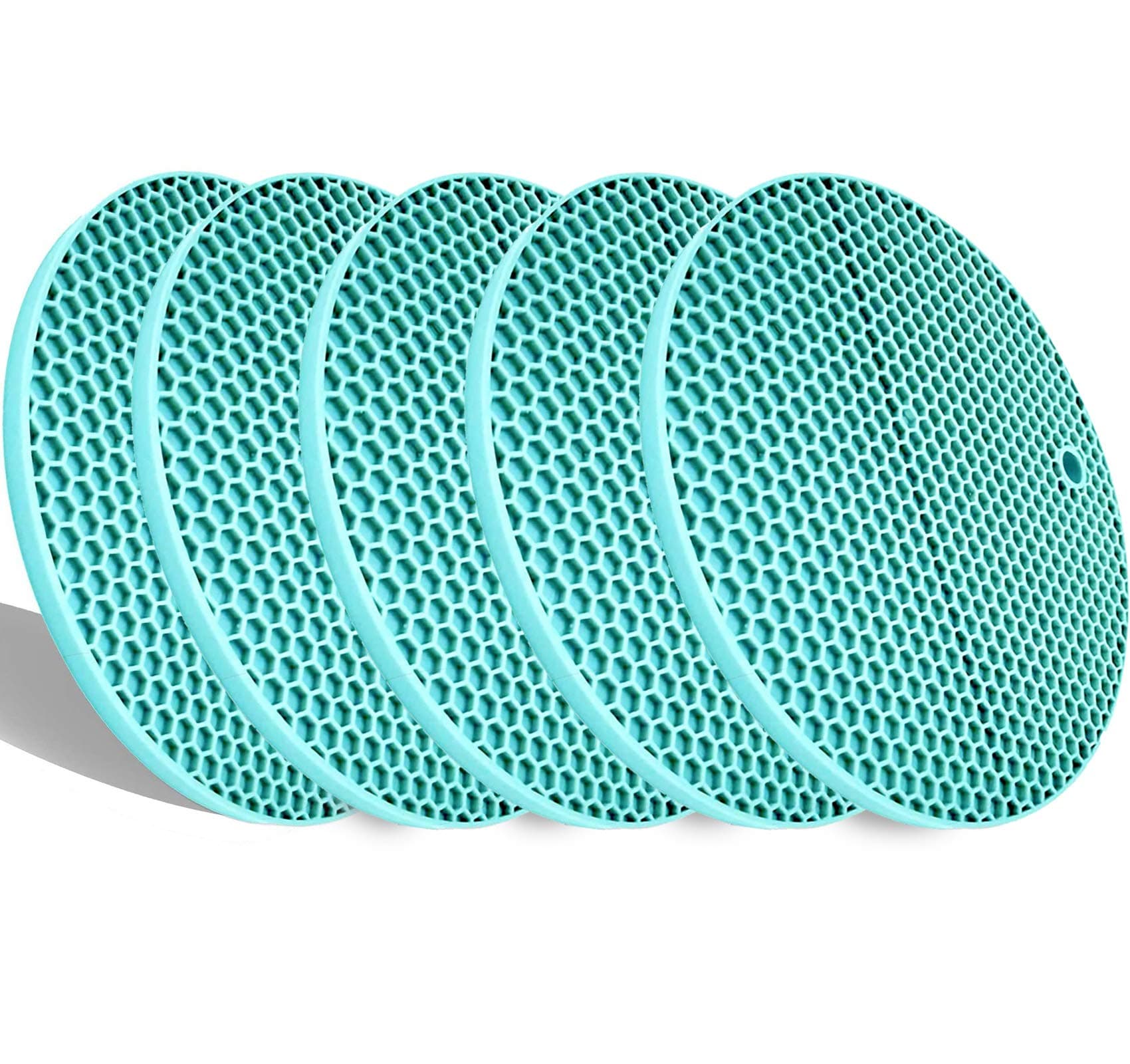 5 Pcs Round Silicone Trivets Pot Holder Mats,Extra Thick Heat Resistant Kitchen Countertop Mats,Honeycomb Rubber Hot Pads Trivets for Hot Dishes,Flexible Jar Opener Multi-Purpose Coasters Teal