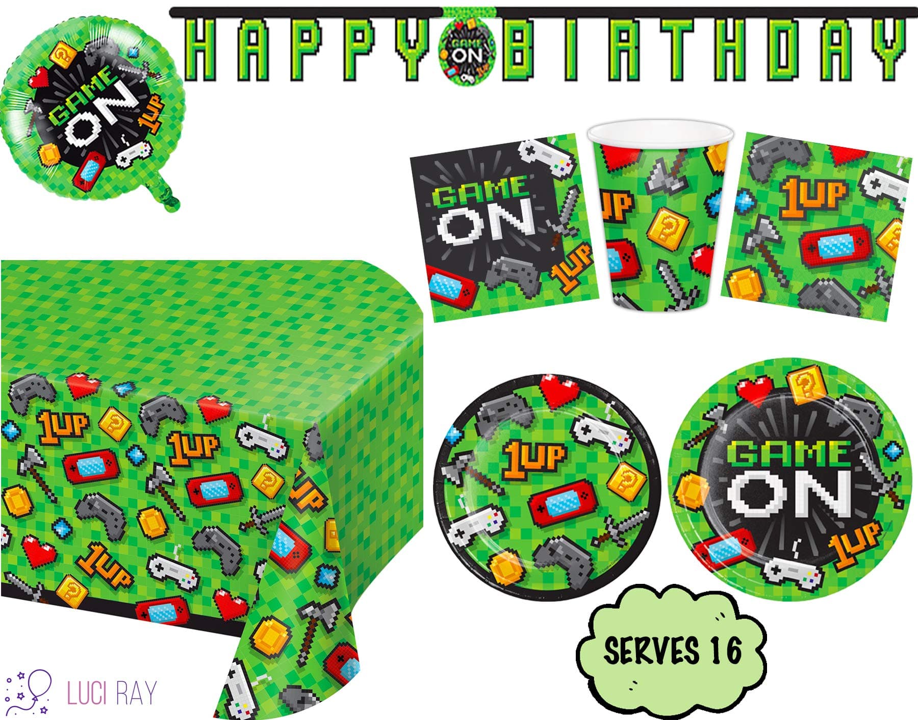 Luci Ray Video Game Party Supplies Tableware Decorations (Set of 16) Includes Balloon, Plates, Napkins, Cups, Banner and Table Cover. Video Games Decor Kit