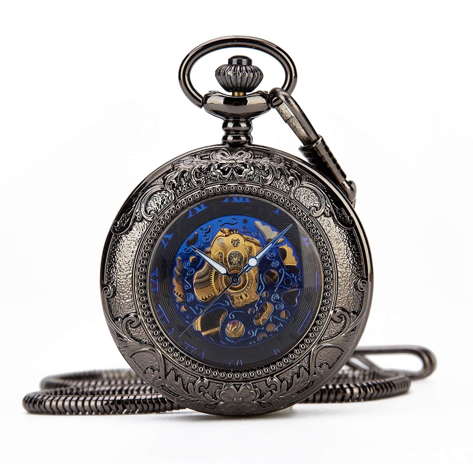 Retro Mens Man Black Blue Half Double Hunter Skeleton Mechanical Roman Numerals Pocket Watch with Chain Box
