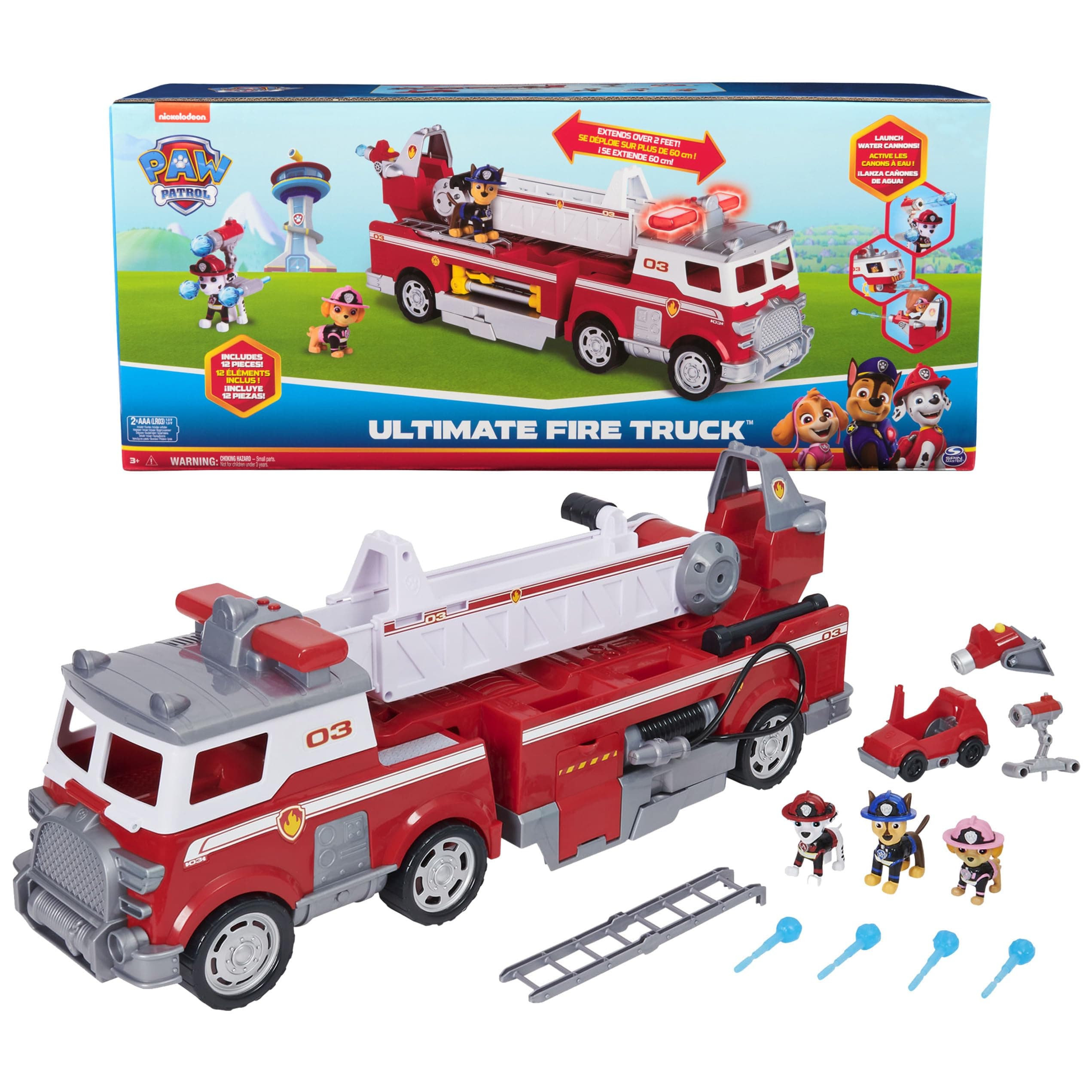 Ultimate Rescue Fire Truck with 2 Ft. Ladder, Lights, Sounds, a Mini Toy Car, Chase, Marshall & Skye Figures, Toys for Boys & Girls Ages 3+