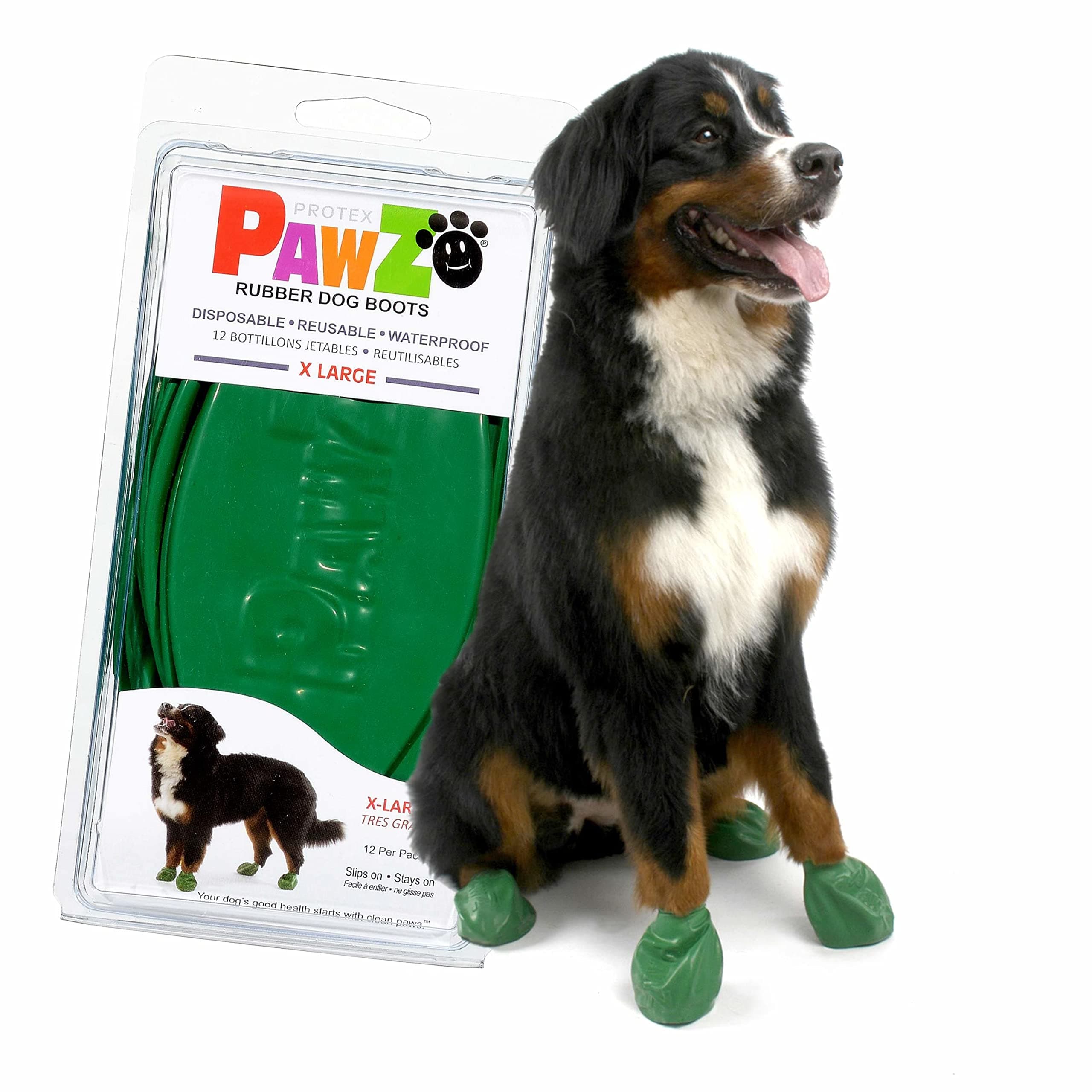 PawZ Dog Boots | Rubber Booties | Waterproof Snow Boots for Paw Protection | 12 Shoes per Pack (X-Large, Green)