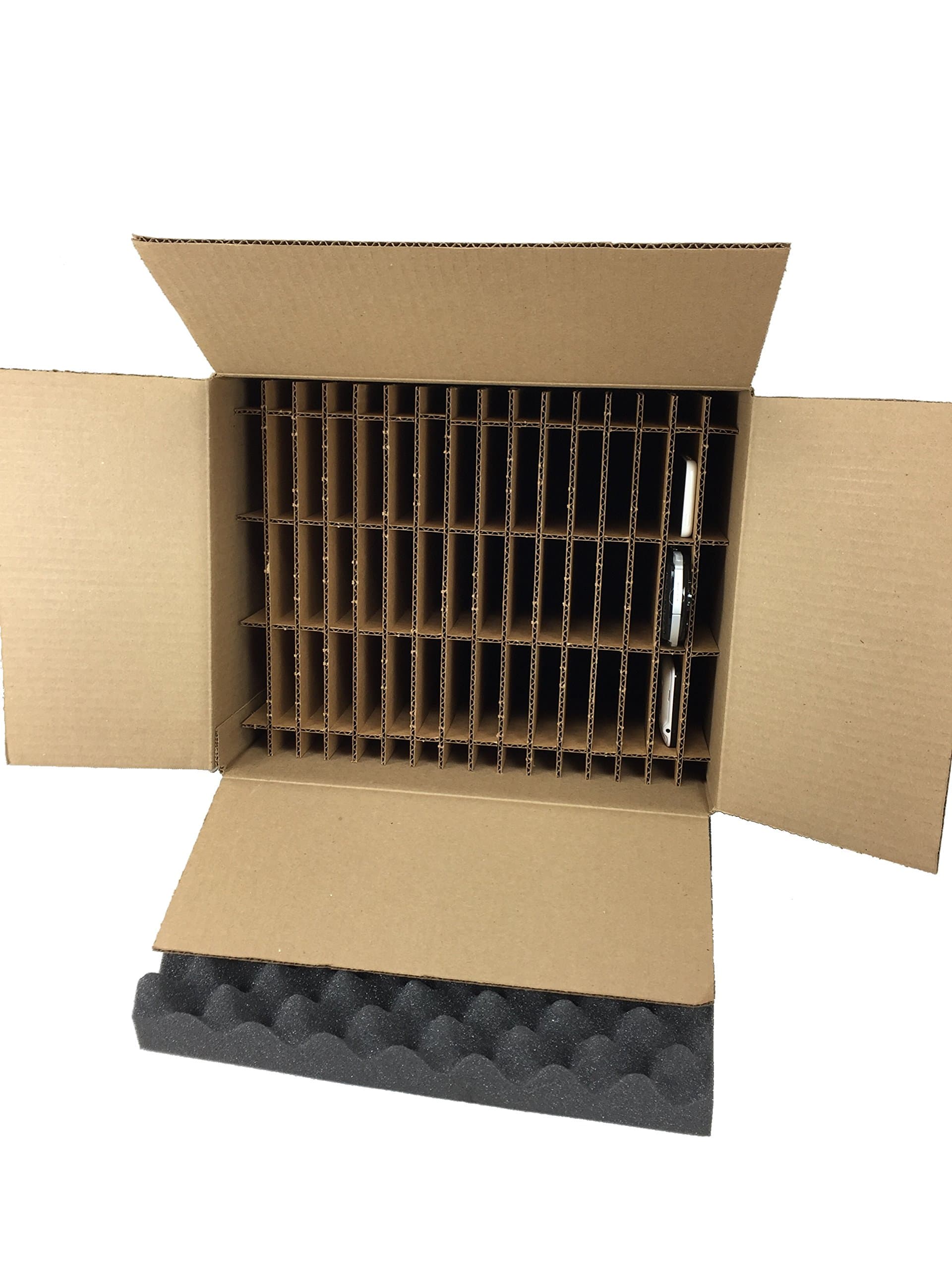 Bulk Cell Phone, Smartphone or Small Electronics Shipping Box holds 48 Devices Securely - Container Kit - Protective Travel & Transport Case - Foam Shock Protection Sturdy Cardboard Shell - 2 PACK