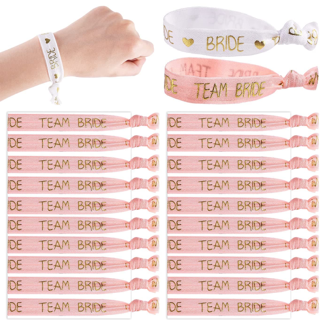 TERRIFI Hen Party Wristbands Set, 1 White Bride Wristband +20pcs Pink Team Bride Wristband, with Rose Gold Lettering, for Bachelorette Party, Wedding Bridal Shower Decorations, Bridal Shower
