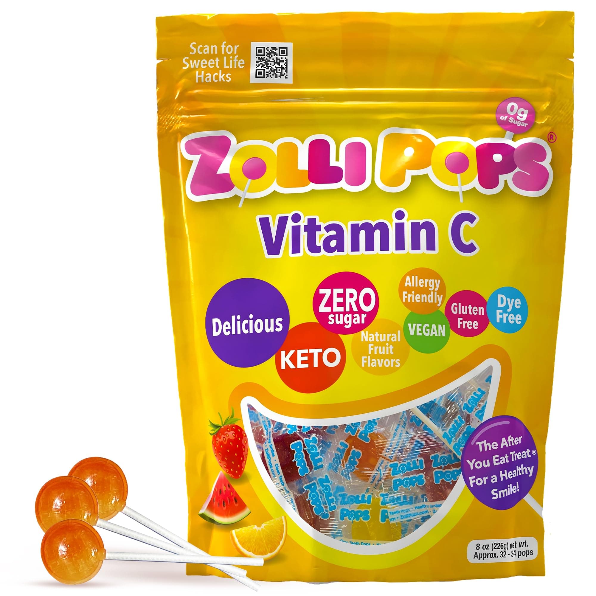 Zollipops Vitamin C Clean Teeth Pops Sugar Free Candy, Dye-Free Lollipops - Keto & Diabetic-Friendly, Dentist-Approved Treats for Kids (Assorted Fruit Flavors, 8 oz)