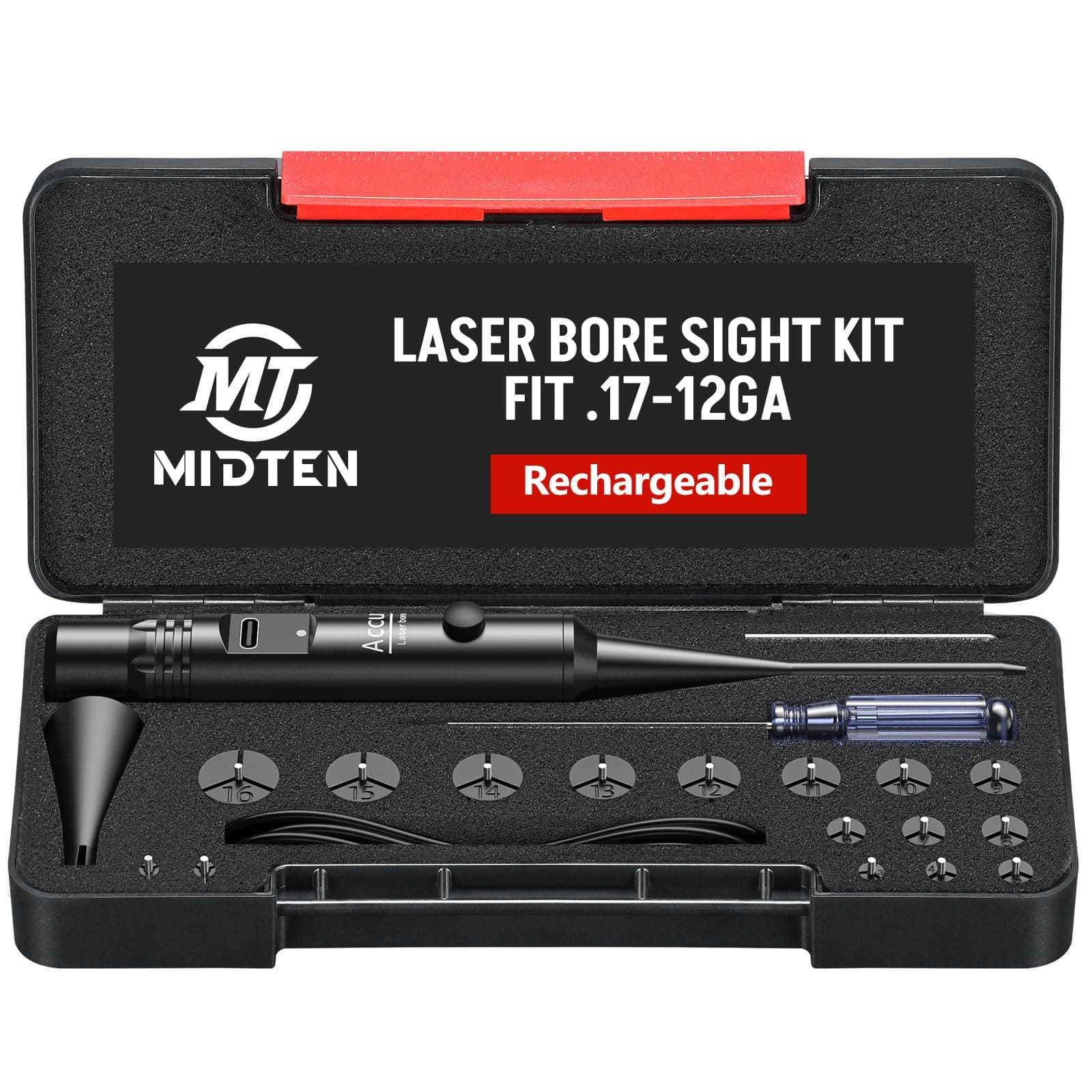Rechargeable Bore Sight Laser for .17-12GA, Red Laser Boresighter Kit with Multiple Adapters, Professional Bore Sight Kit with Upgraded Rechargeable Battery and Button Switch