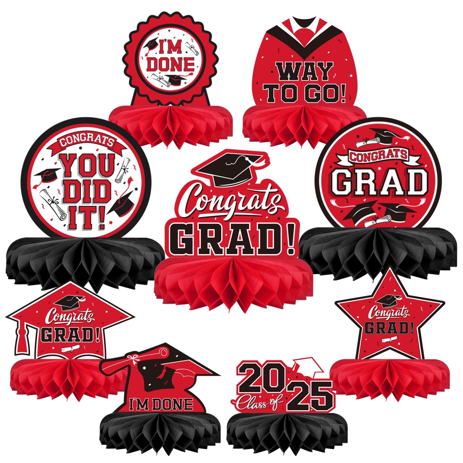 9PCS Graduation Decorations 2025 Congrats Grad Table Centerpiece Congratulate Graduation Honeycomb Table Toppers for Graduation Party Supplies(Red,Black)