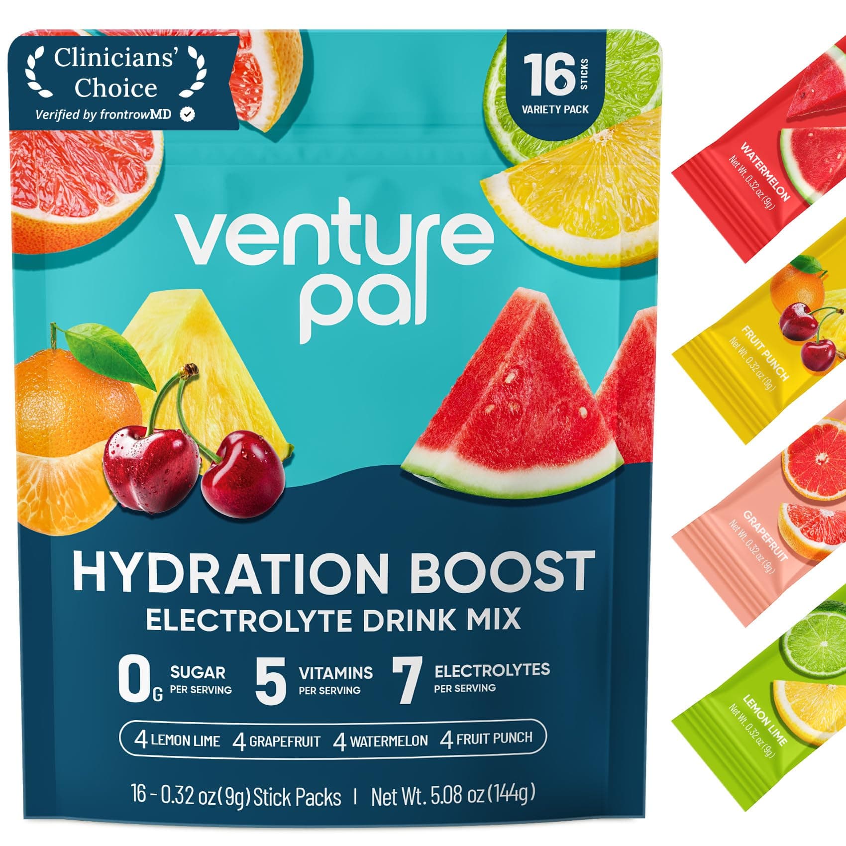 Venture Pal Sugar Free Electrolyte Powder Packets - Liquid Daily IV Hydration Packets for Rehydration | 5 Vitamins & 7 Electrolytes | Keto Friendly | Non-GMO | Vegan | 16 Sticks
