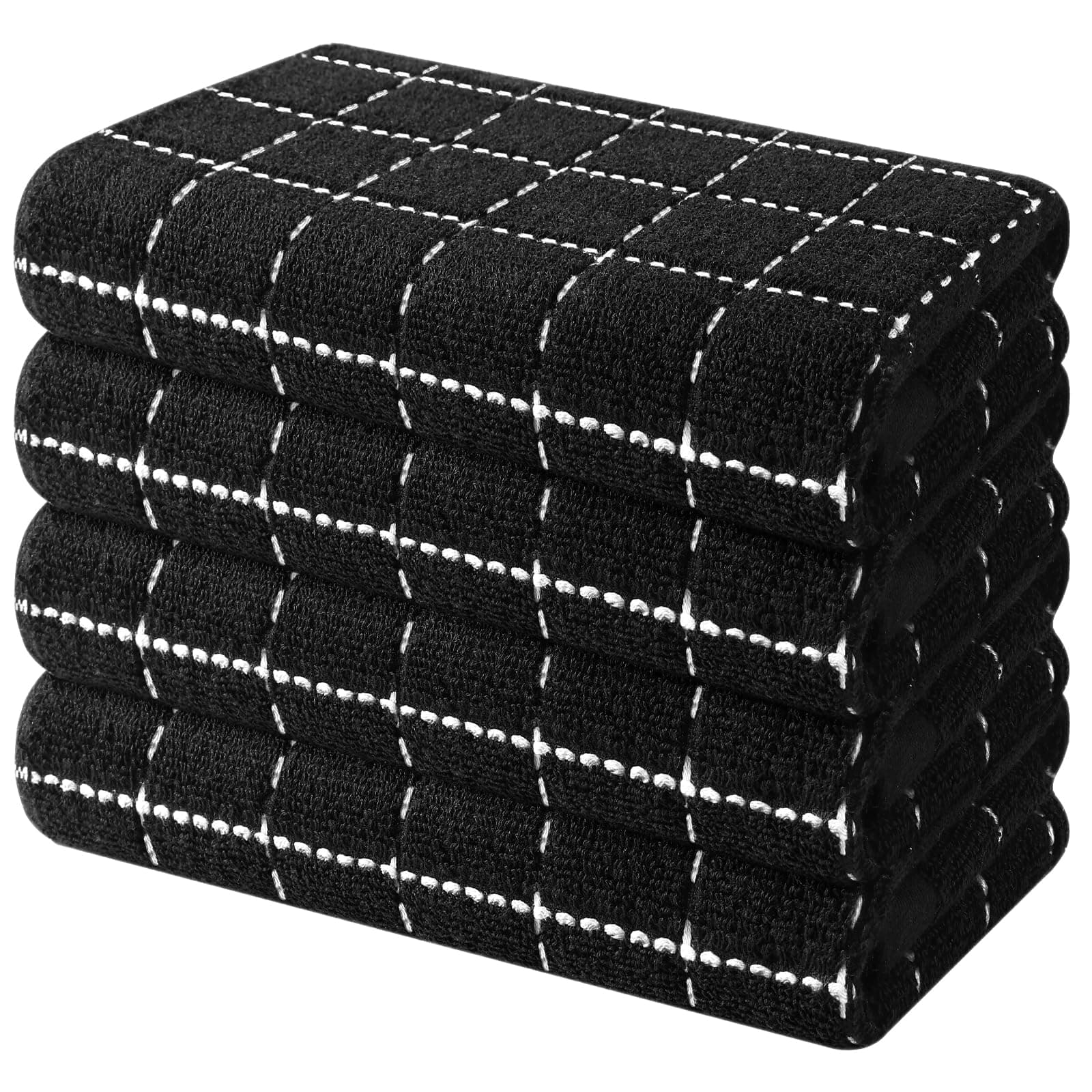 100% Cotton Terry Cloth Kitchen Towels, Super Soft and Absorbent Dish Towels for Drying, Checkered Designed Hand Towels for Kitchen, 16 x 26 Inches, 4 Pack, Black