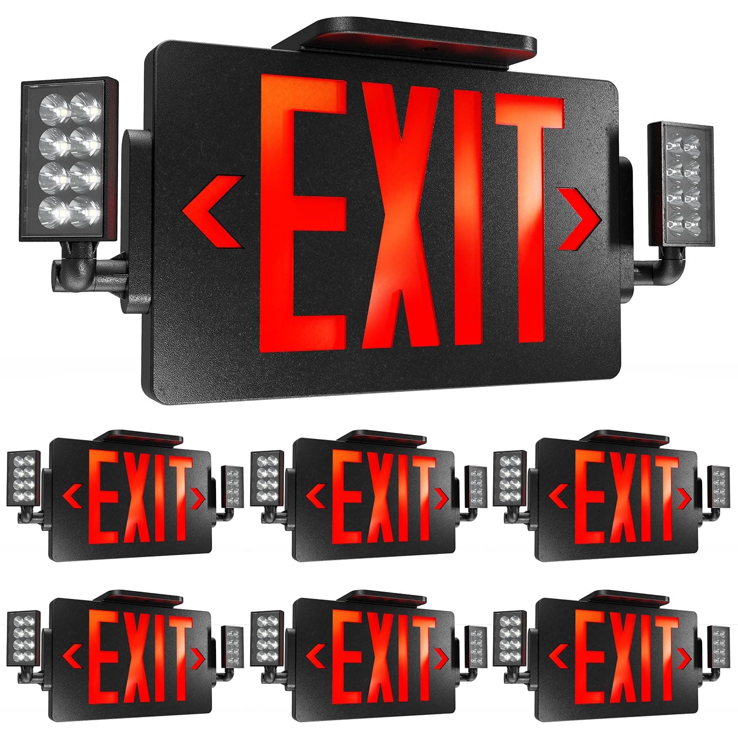 Sunco 6 Pack Black Exit Signs With Emergency Lights, Two Adjustable LED Lights, 94V-0 Fire Resistant, Backup Battery, 120-277V, Wall Or Ceiling Mount, Commercial Grade UL.