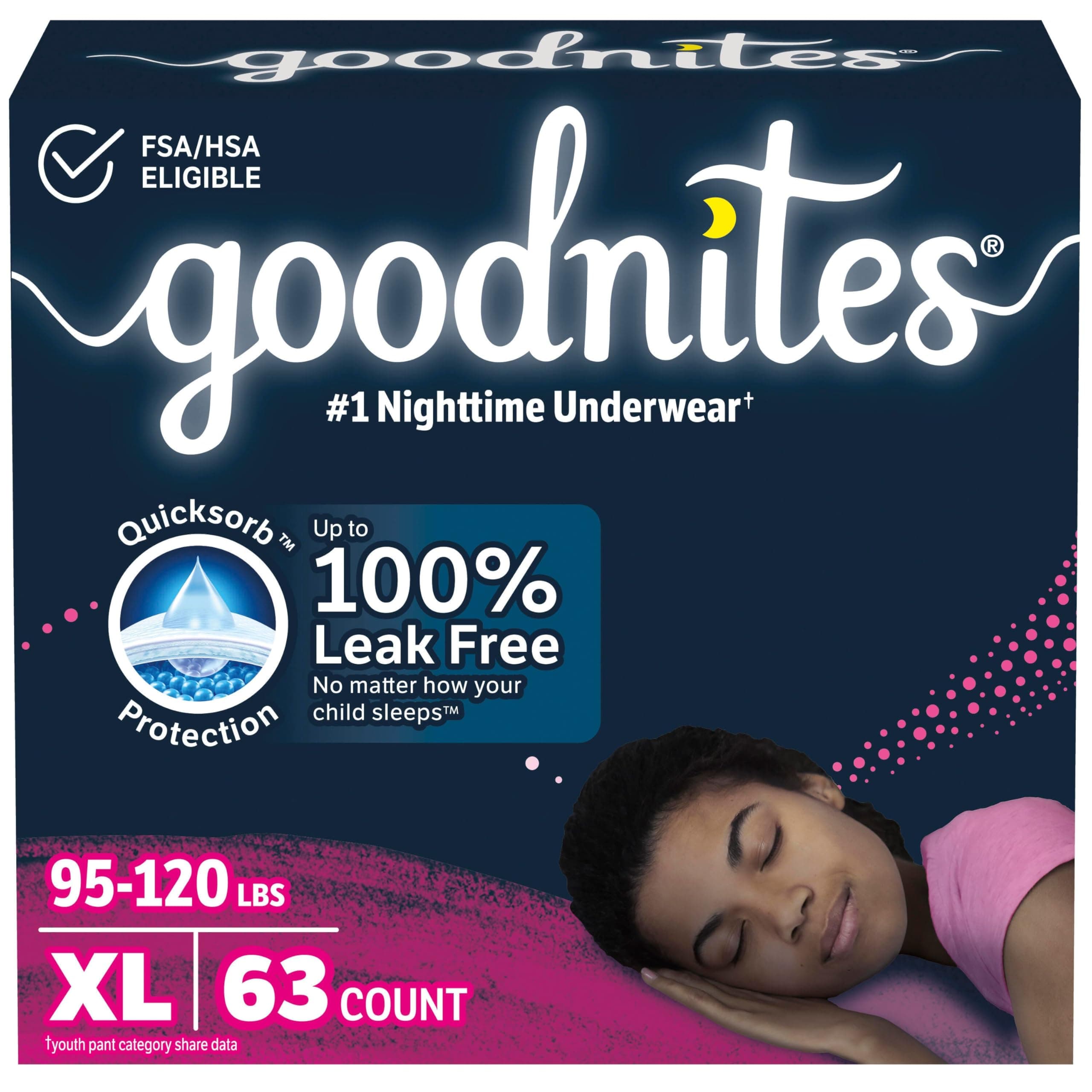 Girls' Nighttime Bedwetting Underwear, Size Extra Large (95-120 lbs), 63 Ct (3 Packs of 21), Packaging May Vary