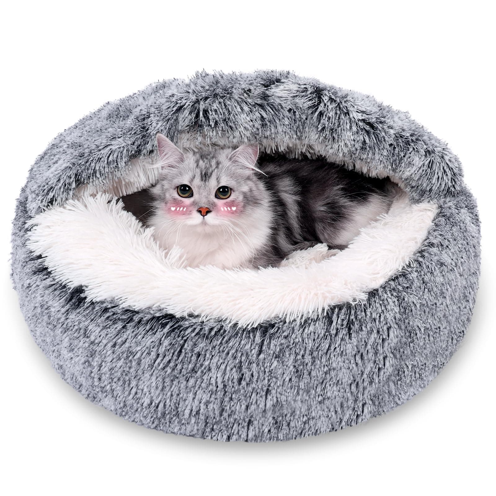 MADDEMCUTE Calming Dog & Cat Cave Bed With Hooded Cover, Removable Washable Round for Small Medium Pets, Anti-Slip Faux Fur Fluffy Coved for Improved Sleep, Fits up to 15/25 lbs (Grey, S)